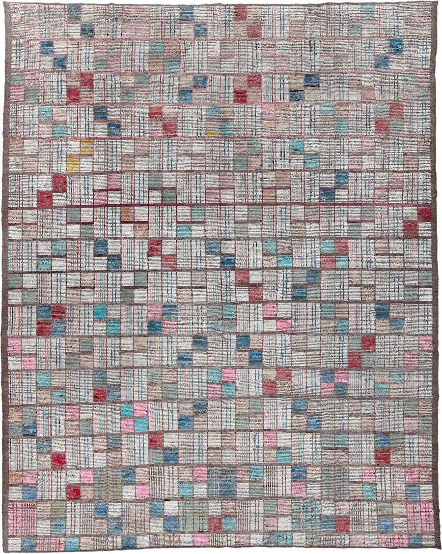 14' x 18' one-of-a-kind handmade vintage Tulu oversize rug. Color palette: ivory, taupe, brown, sky_blue, rose, crimson