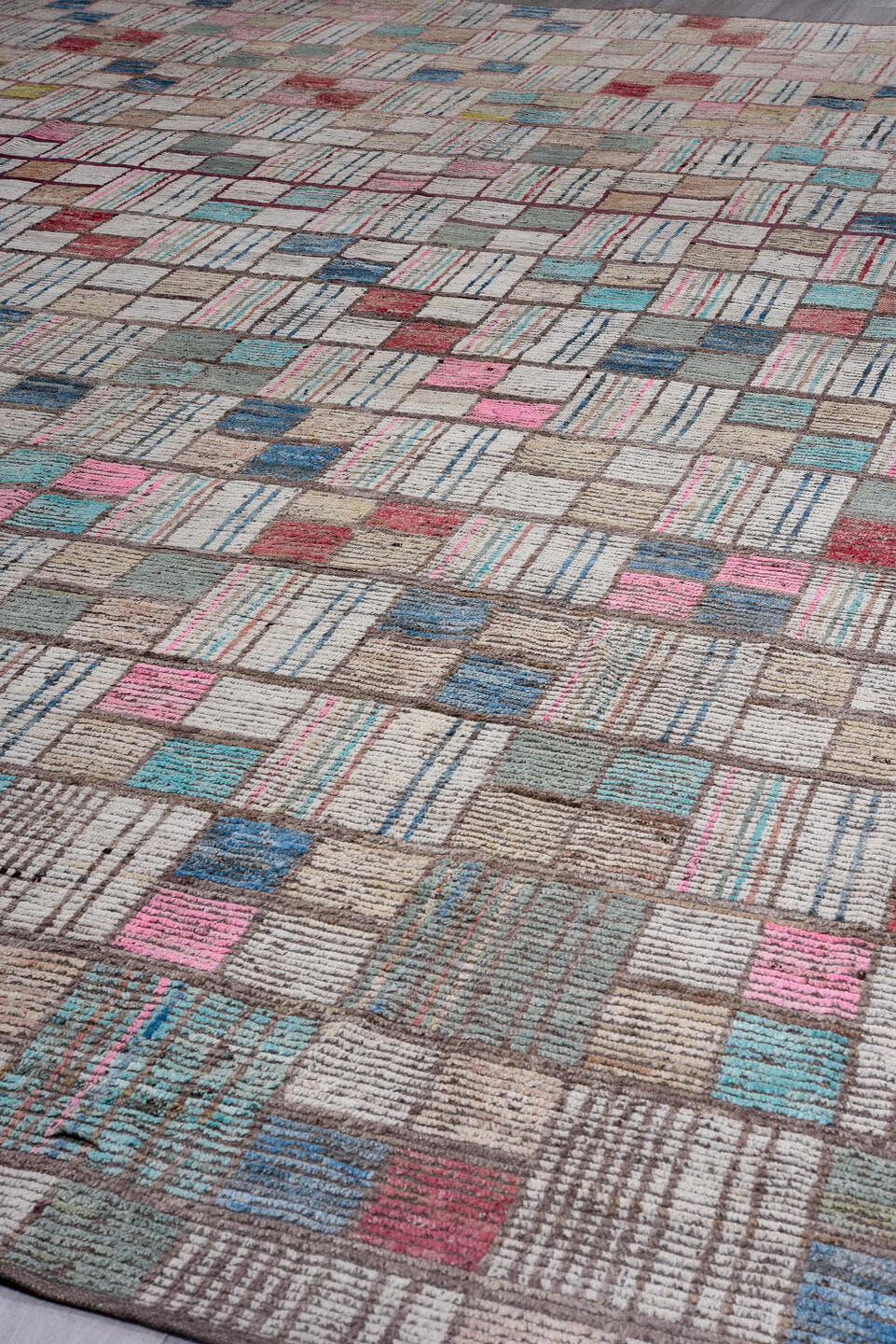 14' x 18' one-of-a-kind handmade vintage Tulu oversize rug. Color palette: ivory, taupe, brown, sky_blue, rose, crimson