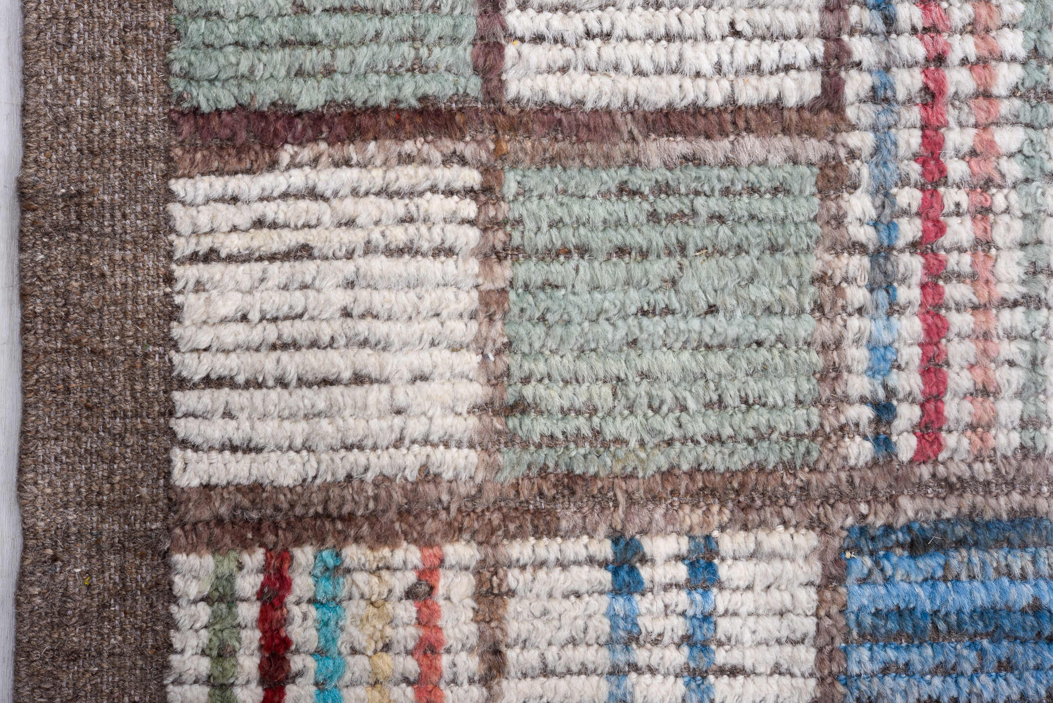 14' x 18' one-of-a-kind handmade vintage Tulu oversize rug. Color palette: ivory, taupe, brown, sky_blue, rose, crimson