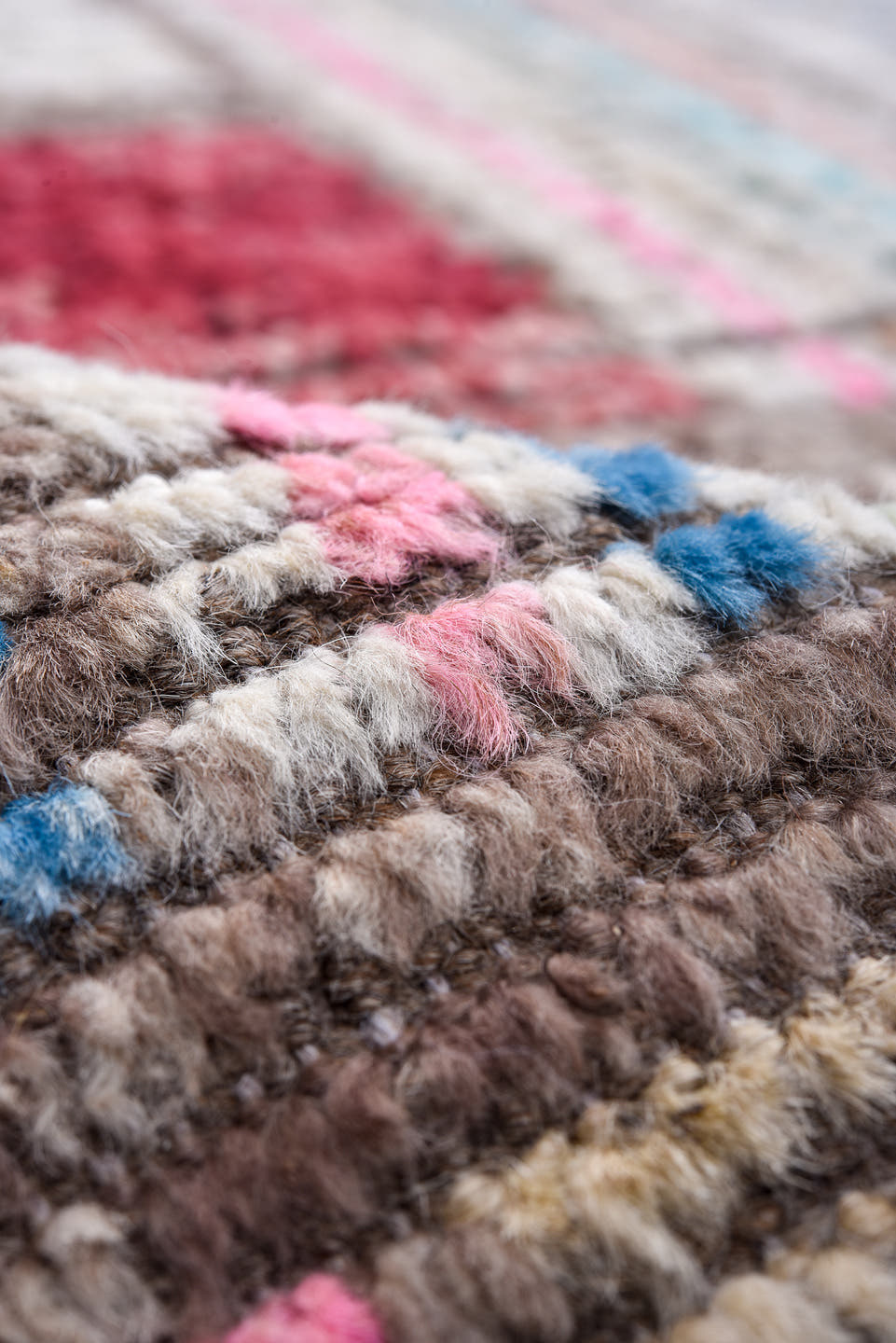 14' x 18' one-of-a-kind handmade vintage Tulu oversize rug. Color palette: ivory, taupe, brown, sky_blue, rose, crimson