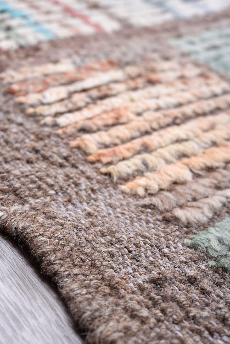 14' x 18' one-of-a-kind handmade vintage Tulu oversize rug. Color palette: ivory, taupe, brown, sky_blue, rose, crimson