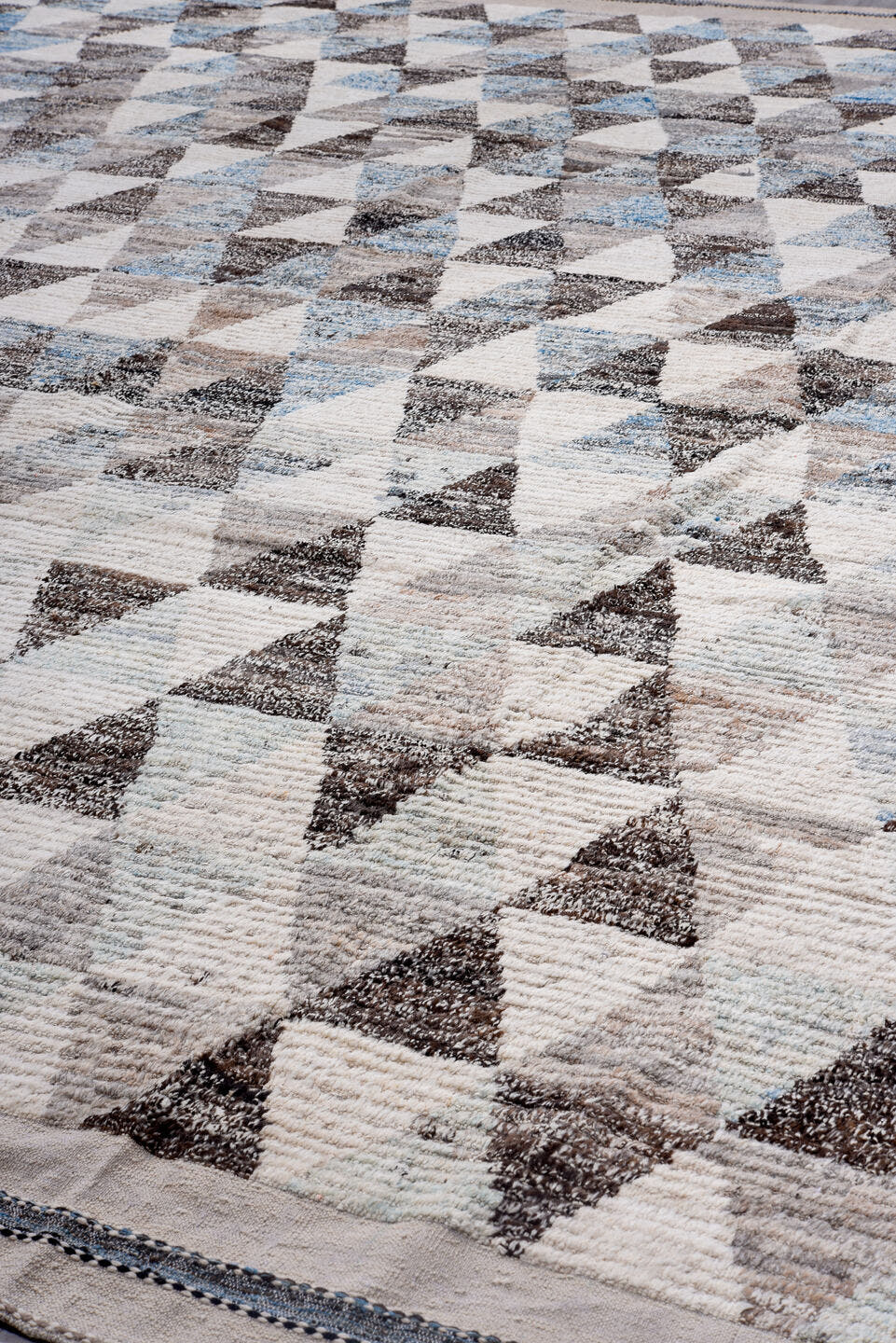13' x 16' one-of-a-kind handmade vintage Tulu oversize rug. Color palette: ivory, gray, charcoal, taupe, pale blue, greige