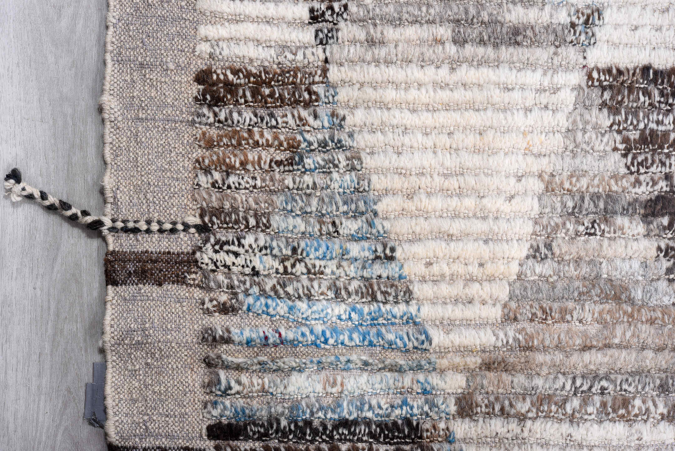 13' x 16' one-of-a-kind handmade vintage Tulu oversize rug. Color palette: ivory, gray, charcoal, taupe, pale blue, greige