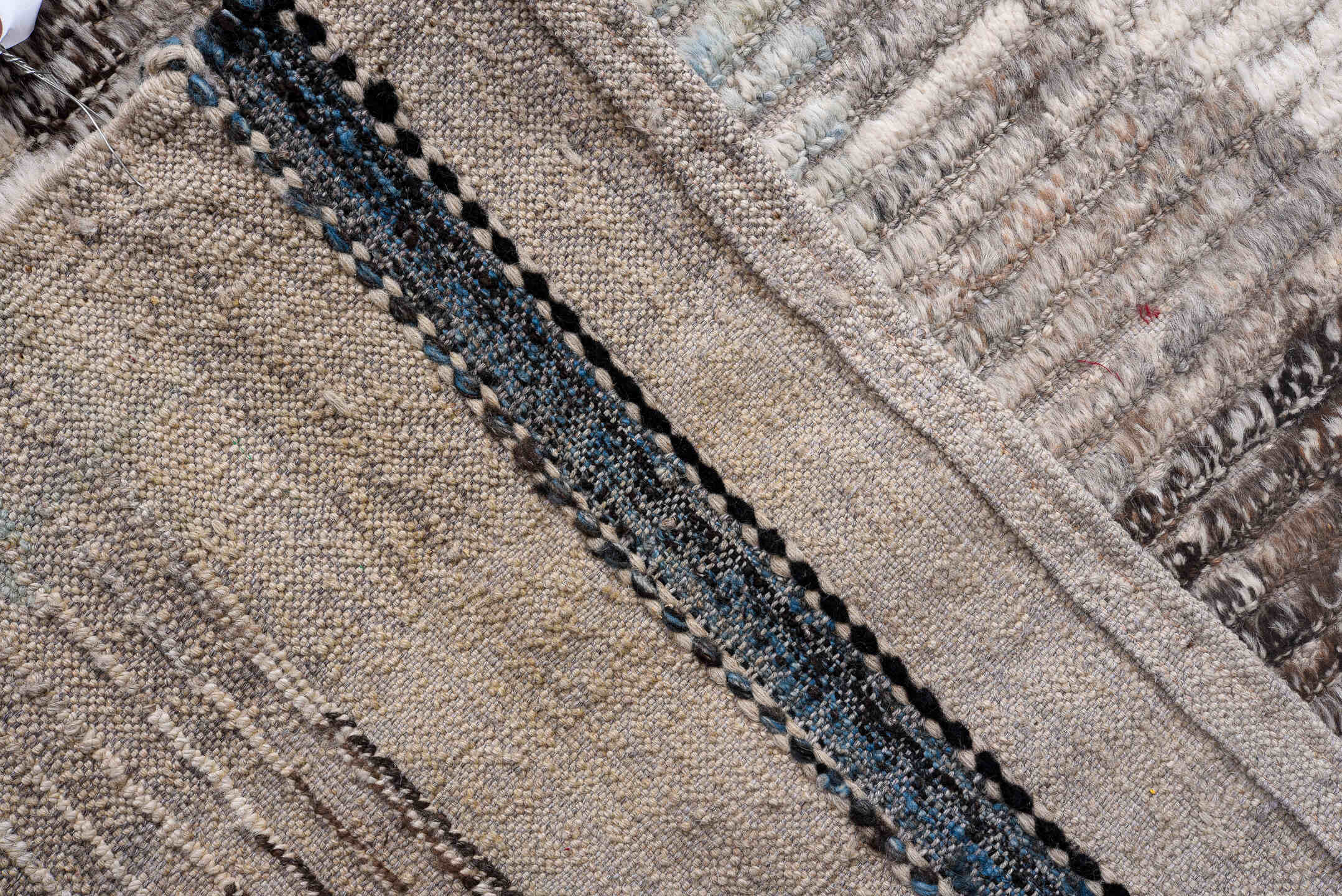 13' x 16' one-of-a-kind handmade vintage Tulu oversize rug. Color palette: ivory, gray, charcoal, taupe, pale blue, greige