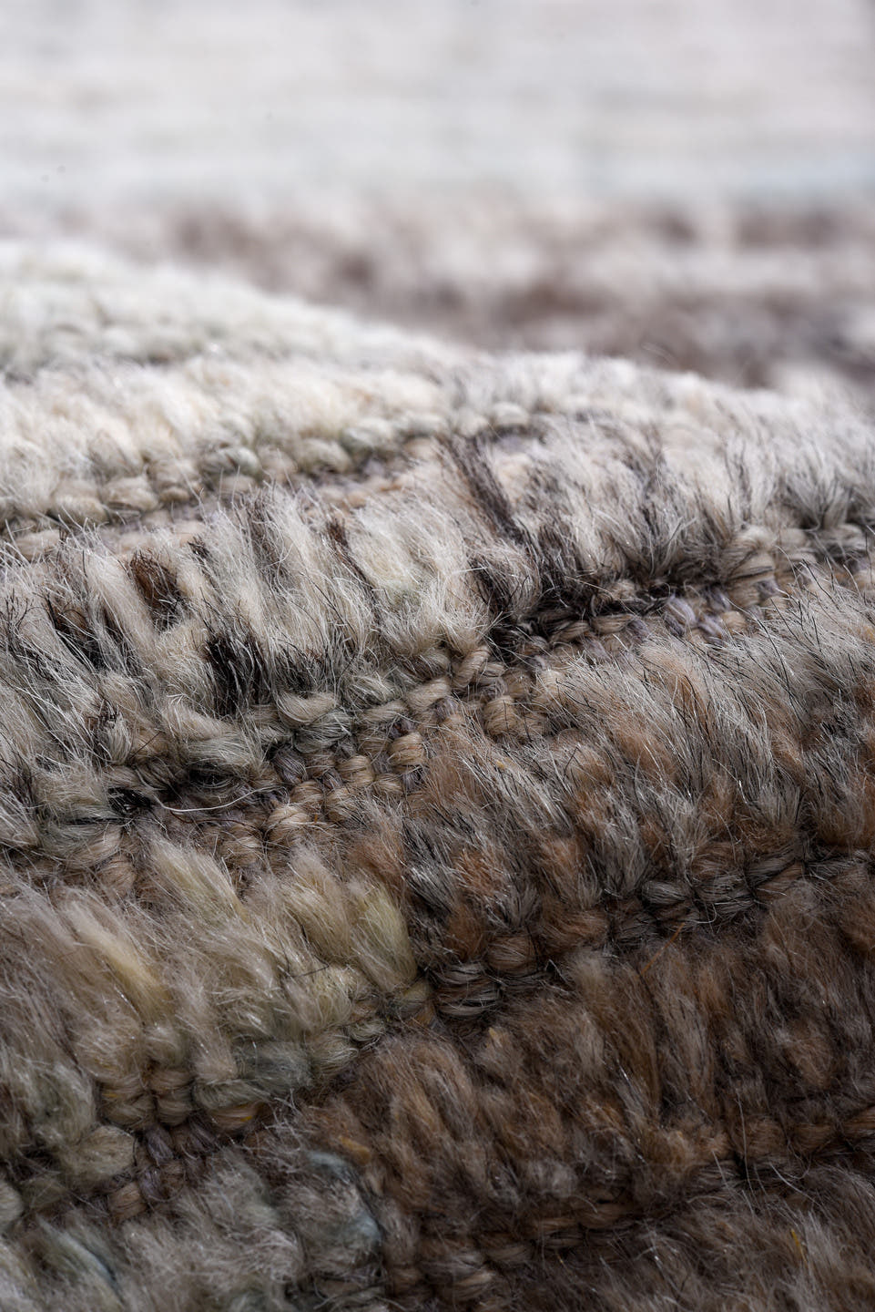 13' x 16' one-of-a-kind handmade vintage Tulu oversize rug. Color palette: ivory, gray, charcoal, taupe, pale blue, greige