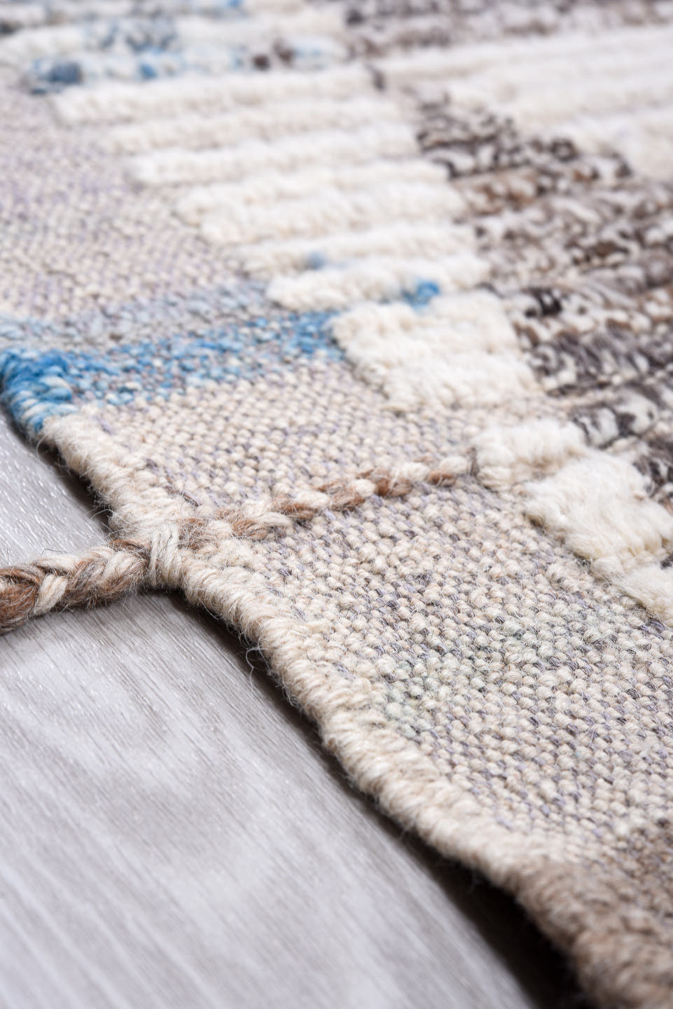13' x 16' one-of-a-kind handmade vintage Tulu oversize rug. Color palette: ivory, gray, charcoal, taupe, pale blue, greige