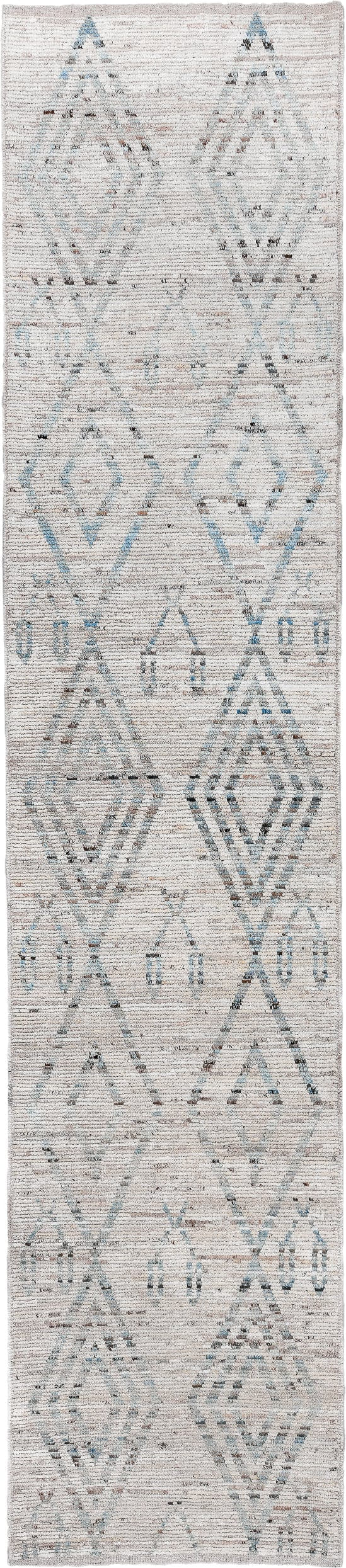 3' x 16' one-of-a-kind handmade vintage Tulu runner rug. Color palette: ivory, pale blue, taupe, charcoal, cream, light blue