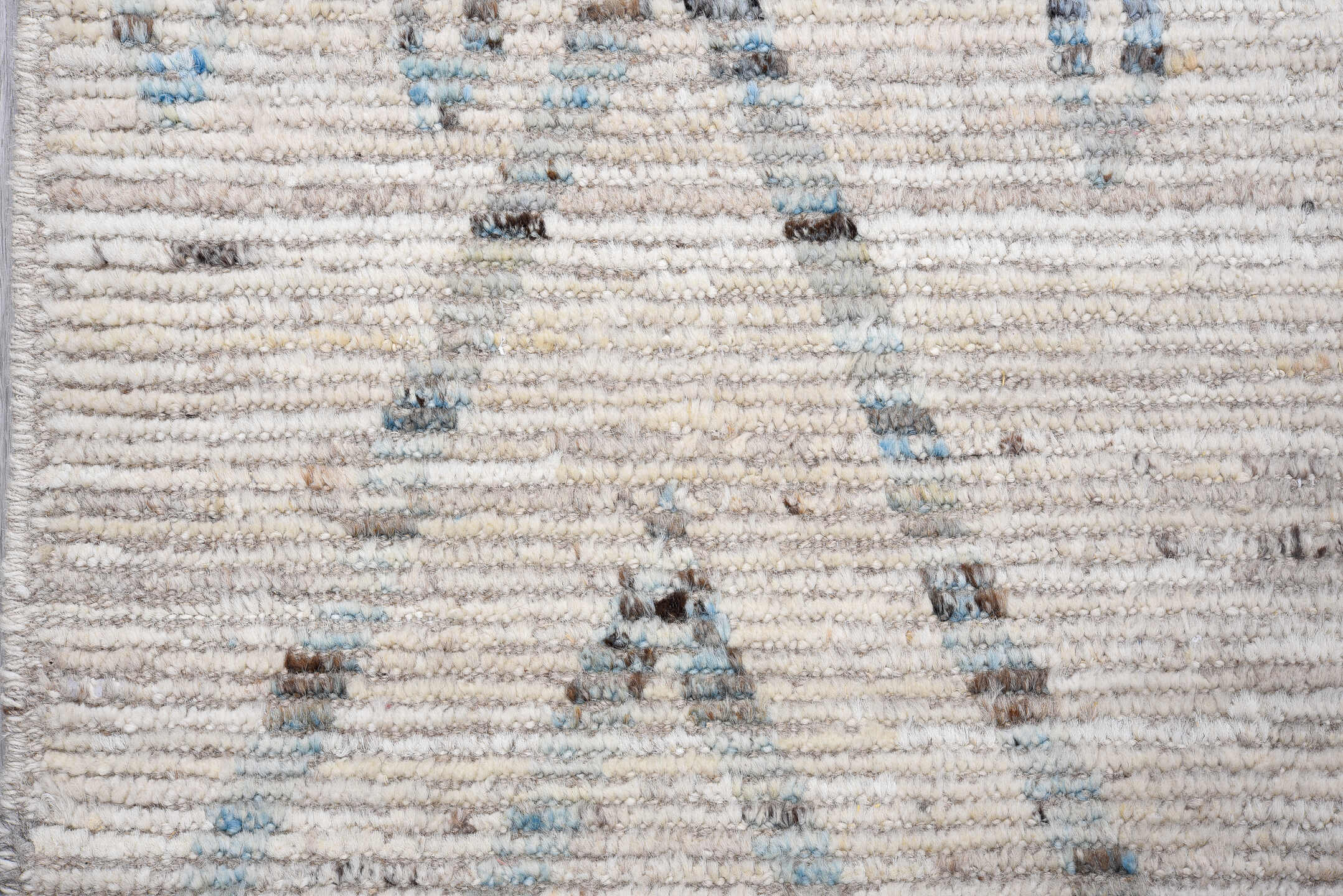 3' x 16' one-of-a-kind handmade vintage Tulu runner rug. Color palette: ivory, pale blue, taupe, charcoal, cream, light blue
