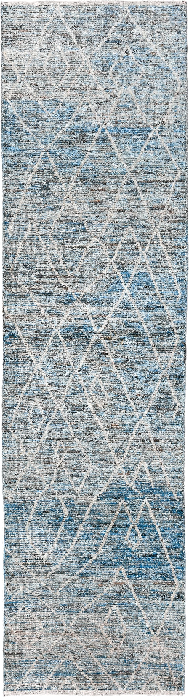 3' x 12' one-of-a-kind handmade vintage Tulu runner rug. Color palette: sky blue, ivory, slate, gray, charcoal, light blue