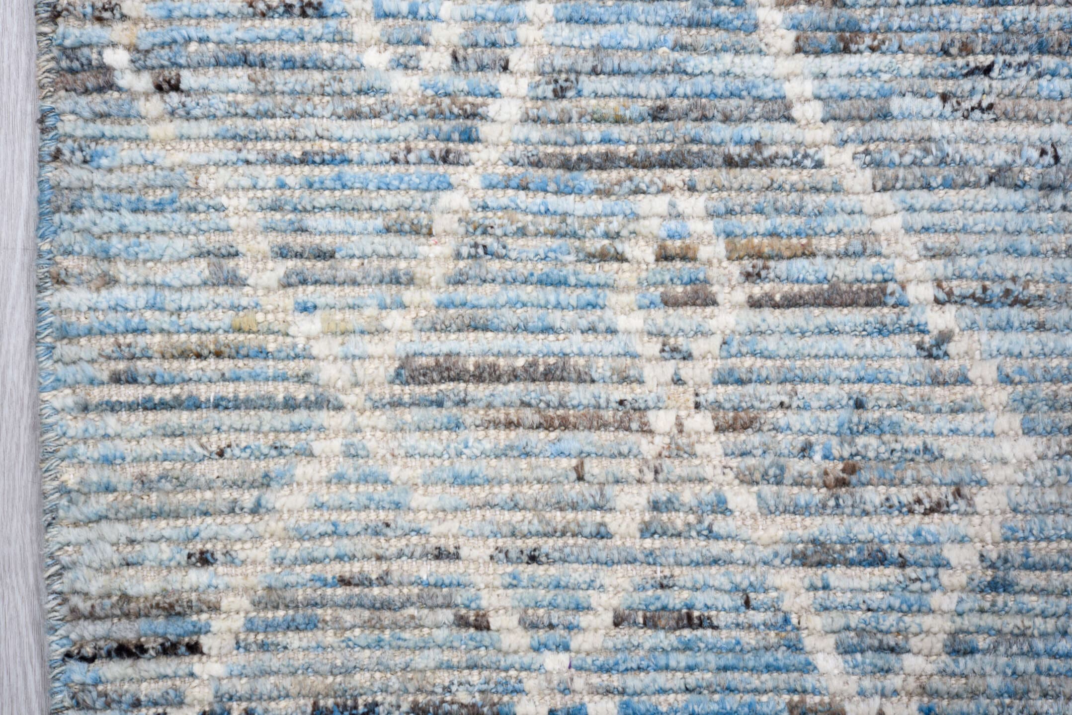 3' x 12' one-of-a-kind handmade vintage Tulu runner rug. Color palette: sky blue, ivory, slate, gray, charcoal, light blue