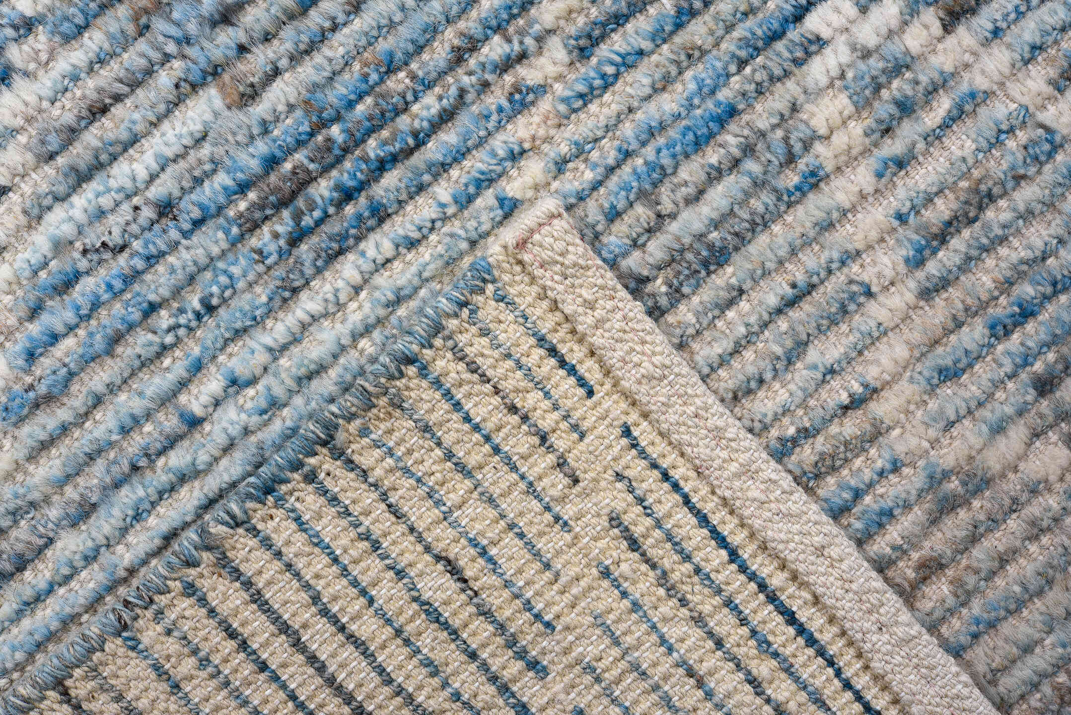 3' x 12' one-of-a-kind handmade vintage Tulu runner rug. Color palette: sky blue, ivory, slate, gray, charcoal, light blue