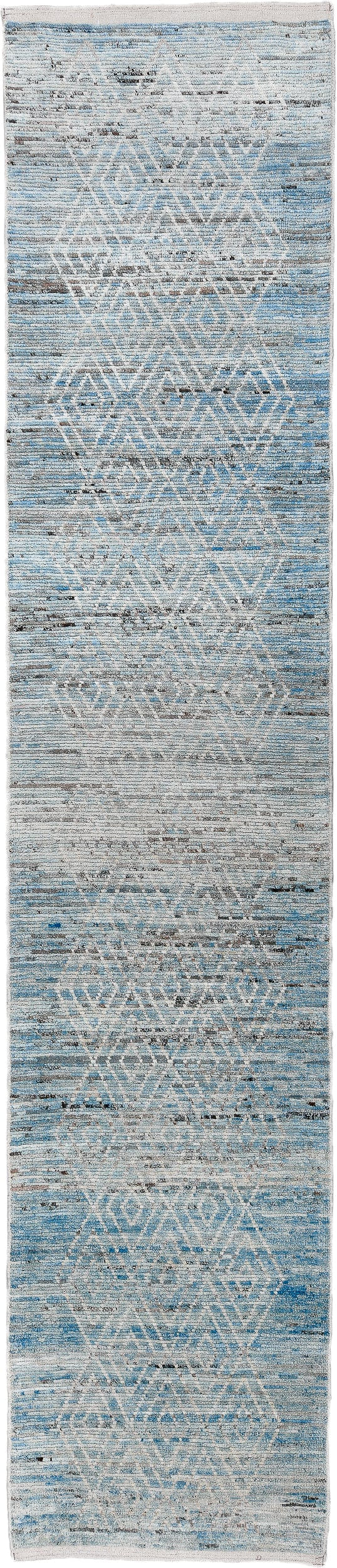 3' x 16' one-of-a-kind handmade vintage Tulu runner rug. Color palette: ivory, sky blue, slate, charcoal, light gray