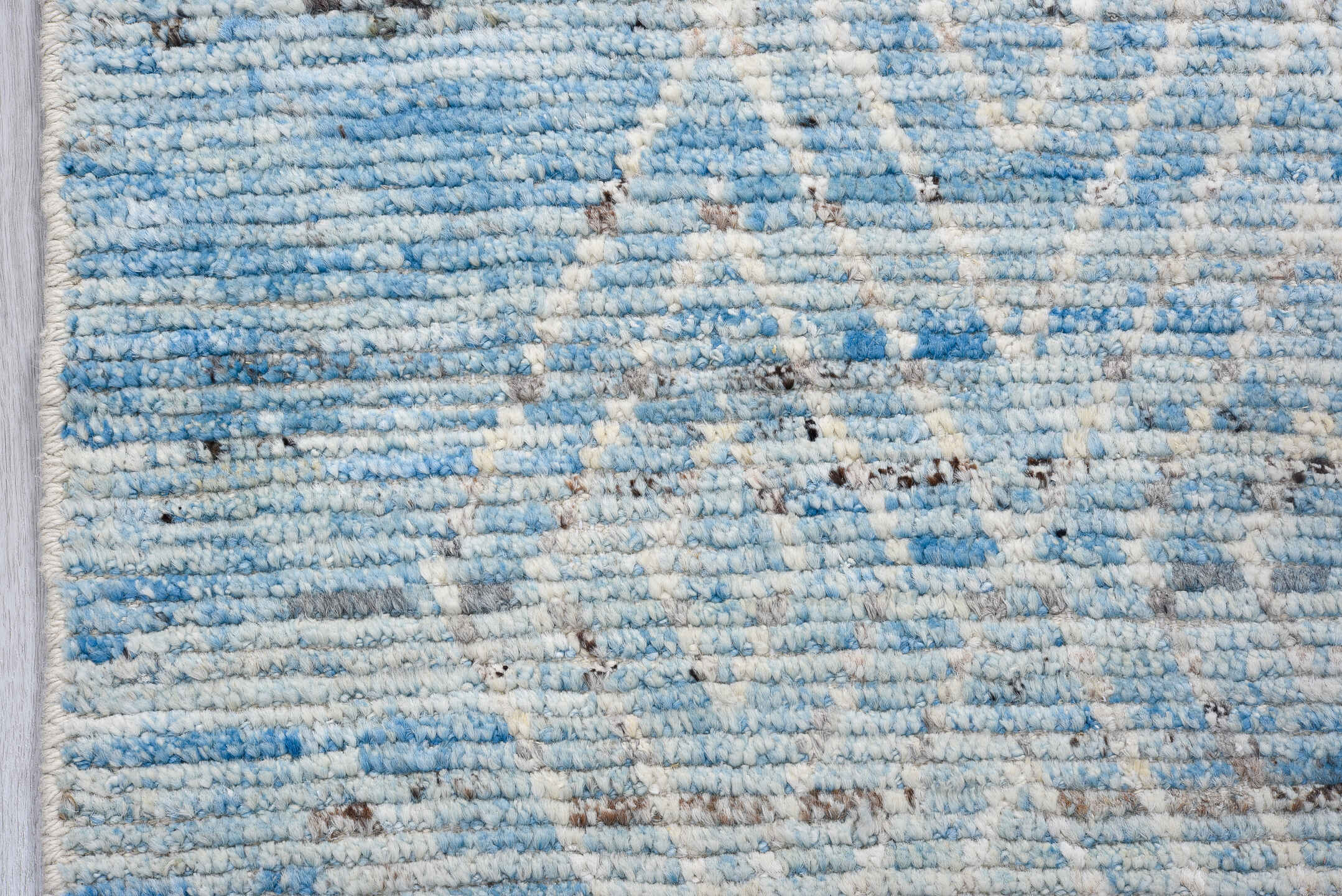 3' x 16' one-of-a-kind handmade vintage Tulu runner rug. Color palette: ivory, sky blue, slate, charcoal, light gray