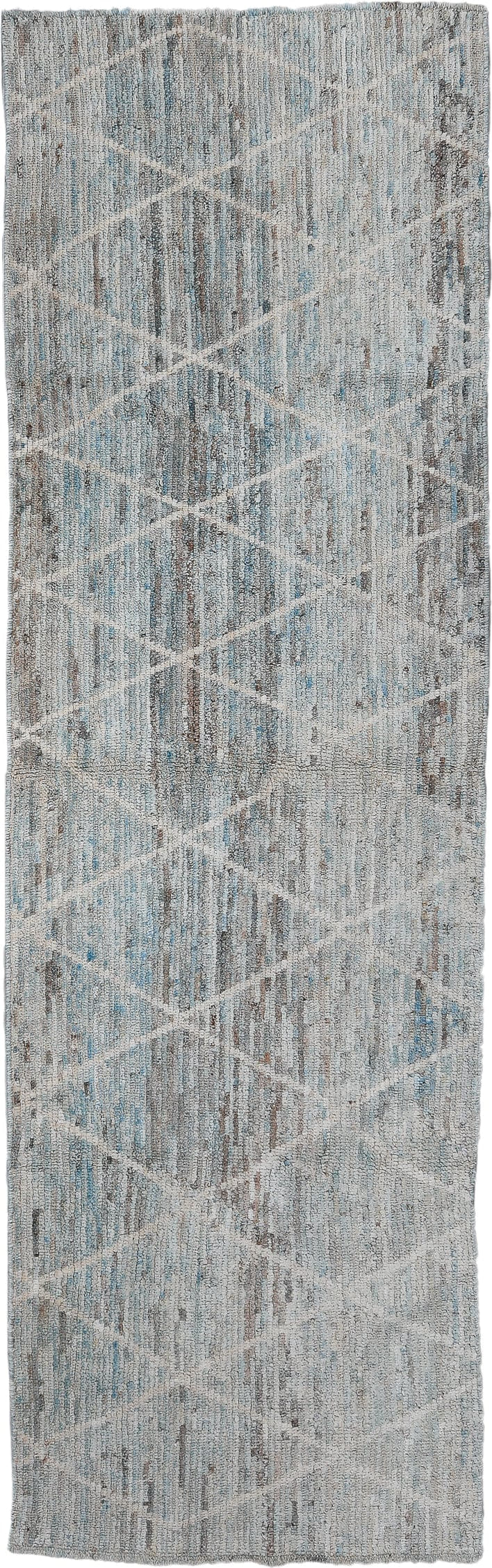 3' x 10' one-of-a-kind handmade vintage Tulu runner rug. Color palette: light blue, ivory, gray, taupe, charcoal, beige