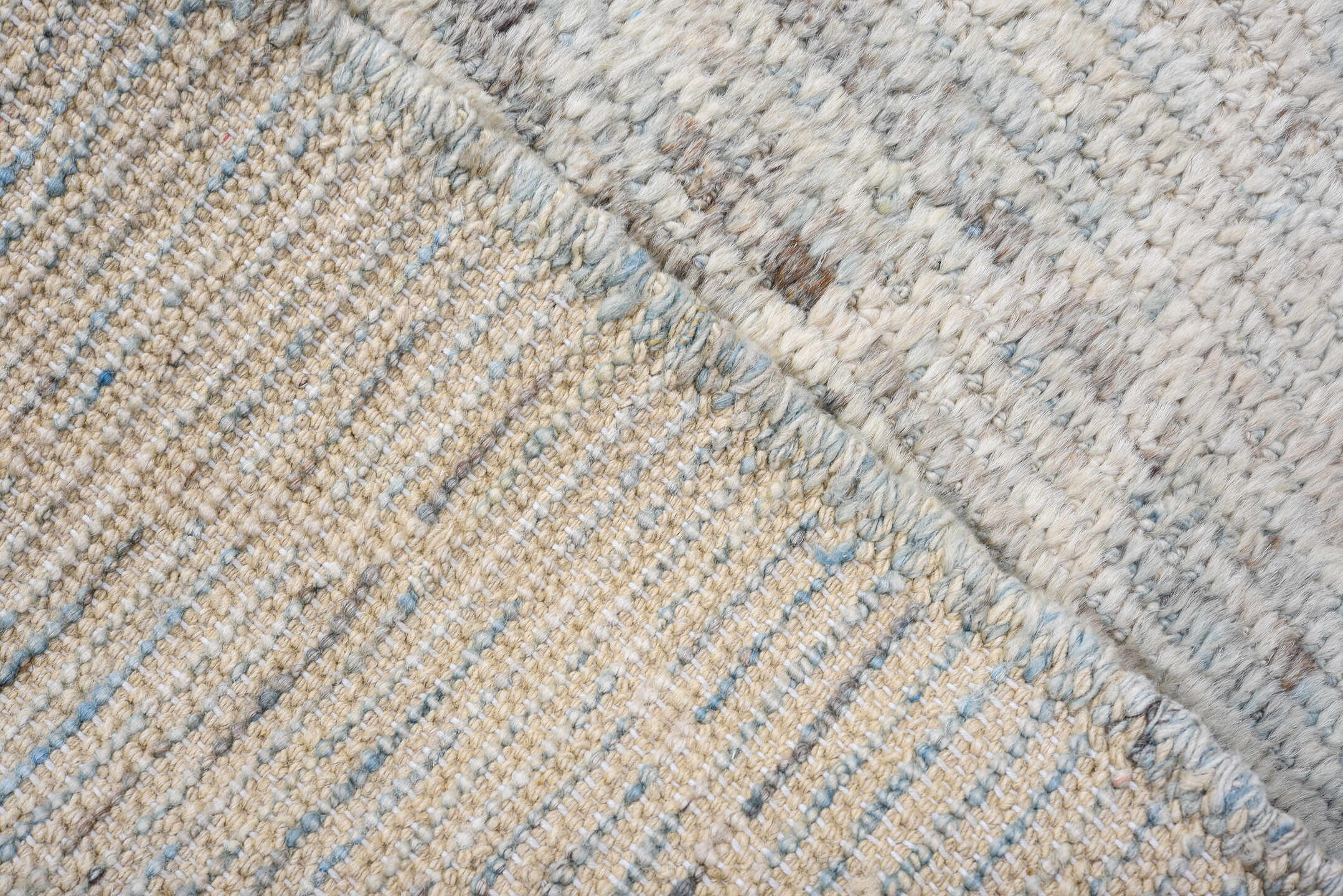 3' x 10' one-of-a-kind handmade vintage Tulu runner rug. Color palette: light blue, ivory, gray, taupe, charcoal, beige