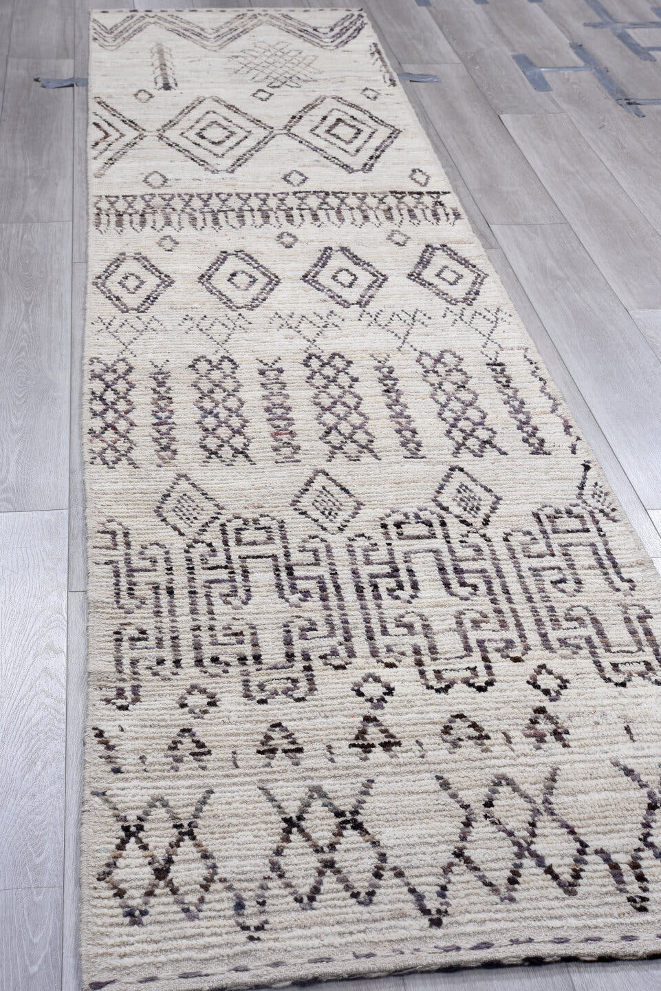 2' x 13' one-of-a-kind handmade vintage Tulu runner rug. Color palette: ivory, charcoal, taupe, brown, gray, black, beige