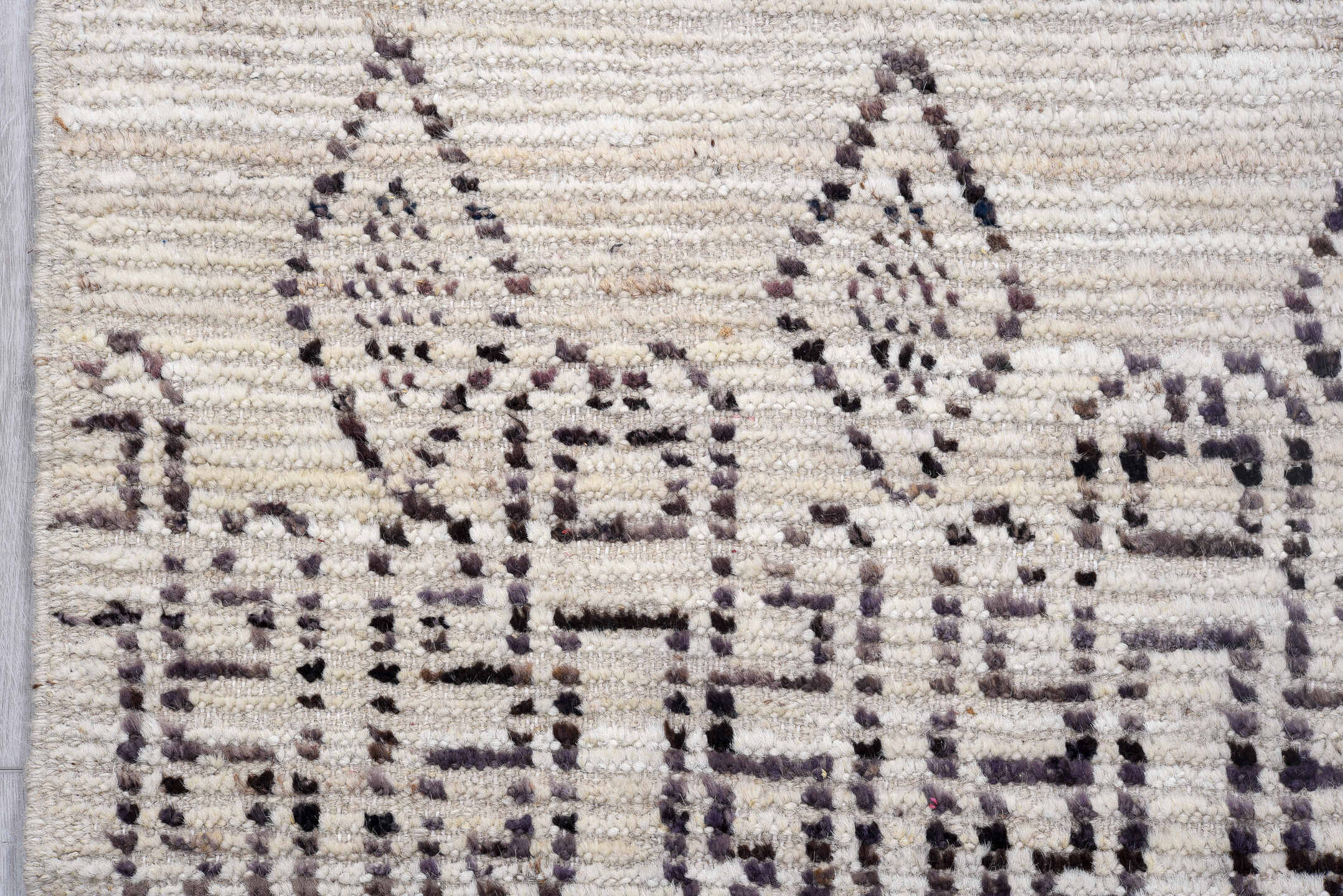 2' x 13' one-of-a-kind handmade vintage Tulu runner rug. Color palette: ivory, charcoal, taupe, brown, gray, black, beige