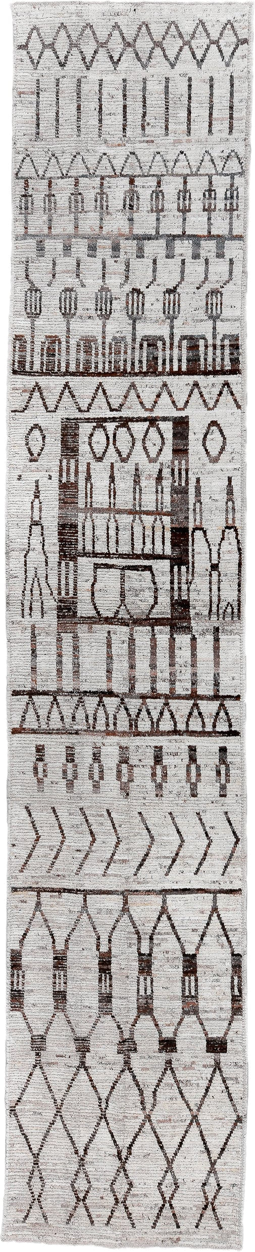 3' x 16' one-of-a-kind handmade vintage Tulu runner rug. Color palette: ivory, brown, taupe, charcoal, beige, gray, black