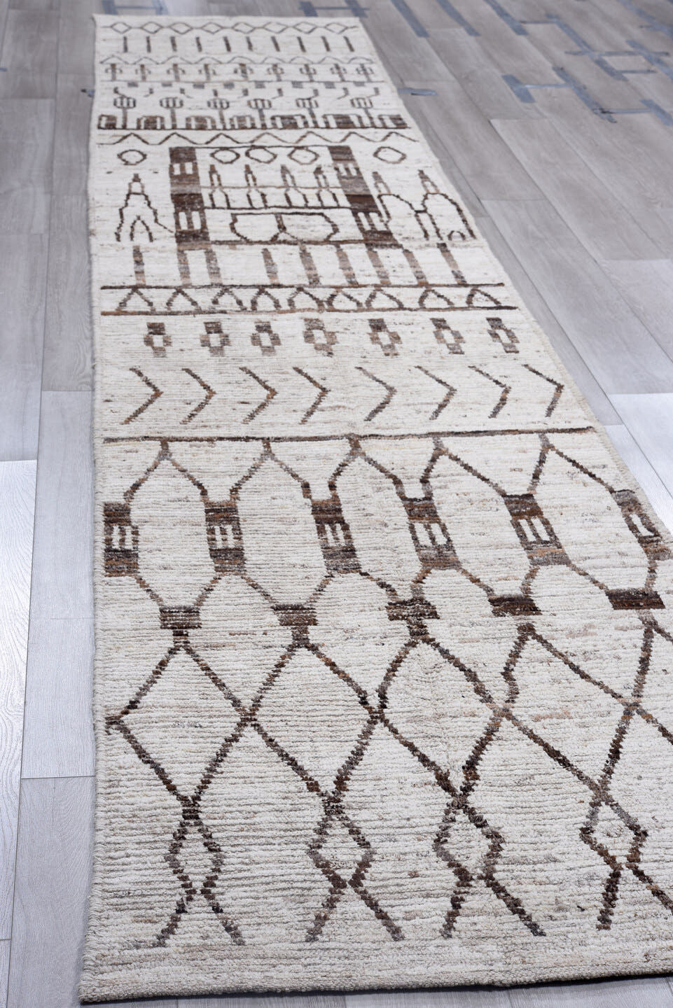 3' x 16' one-of-a-kind handmade vintage Tulu runner rug. Color palette: ivory, brown, taupe, charcoal, beige, gray, black