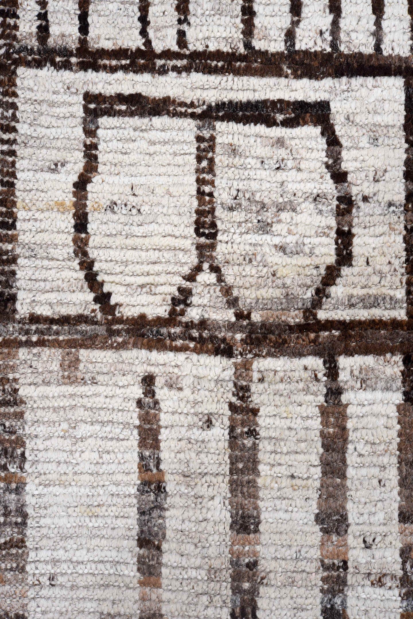 3' x 16' one-of-a-kind handmade vintage Tulu runner rug. Color palette: ivory, brown, taupe, charcoal, beige, gray, black