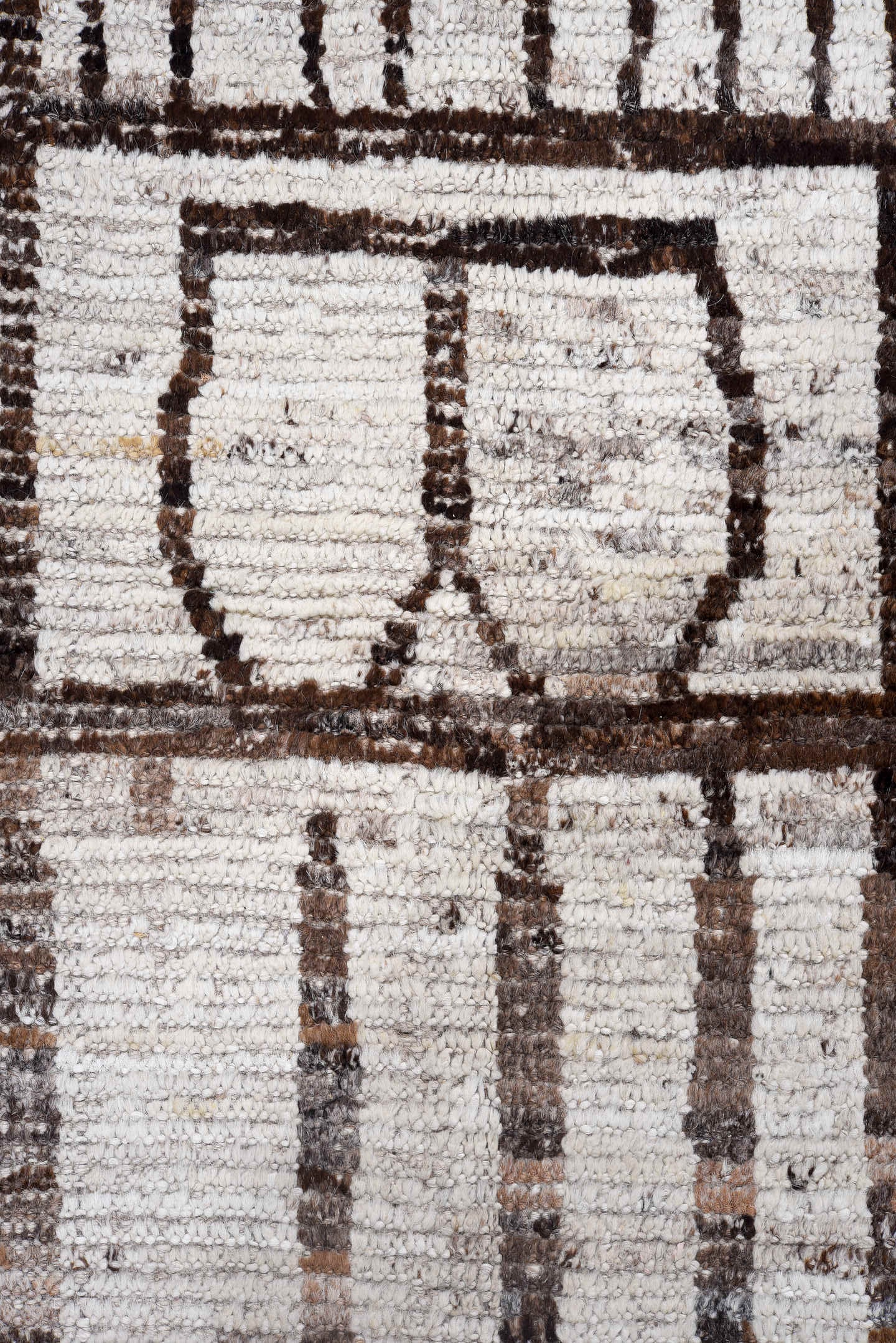 3' x 16' one-of-a-kind handmade vintage Tulu runner rug. Color palette: ivory, brown, taupe, charcoal, beige, gray, black
