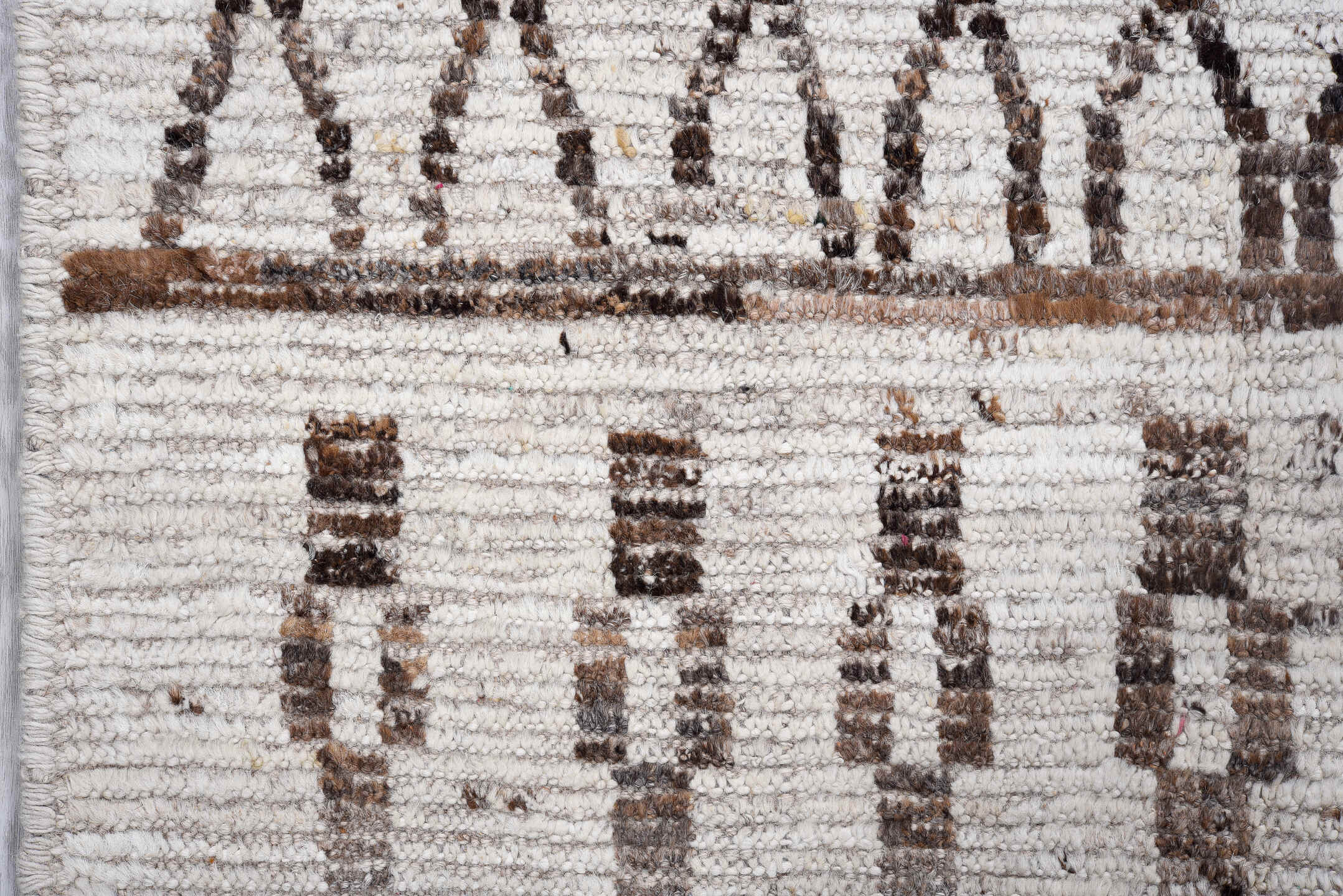 3' x 16' one-of-a-kind handmade vintage Tulu runner rug. Color palette: ivory, brown, taupe, charcoal, beige, gray, black