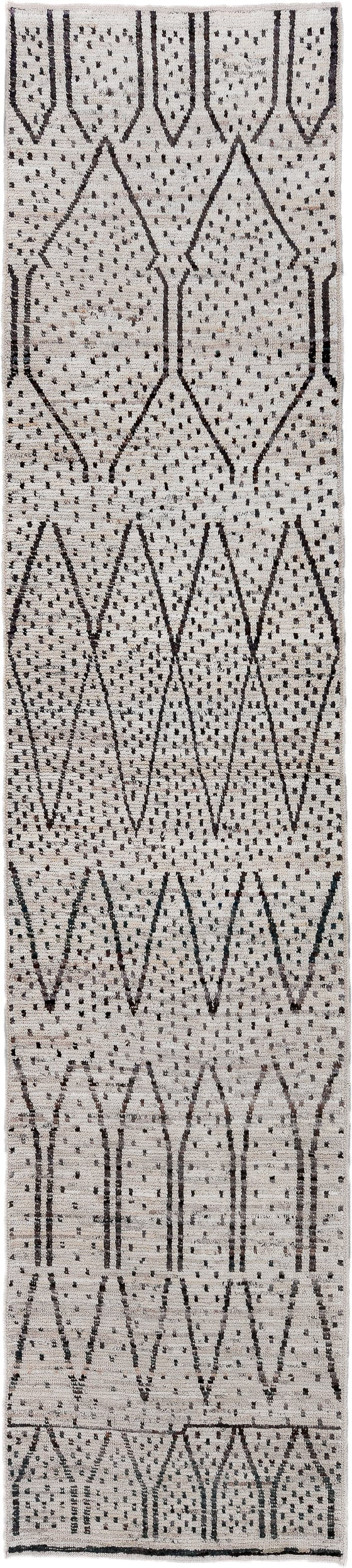 3' x 16' one-of-a-kind handmade vintage Tulu runner rug. Color palette: ivory, charcoal, taupe, gray, black, beige