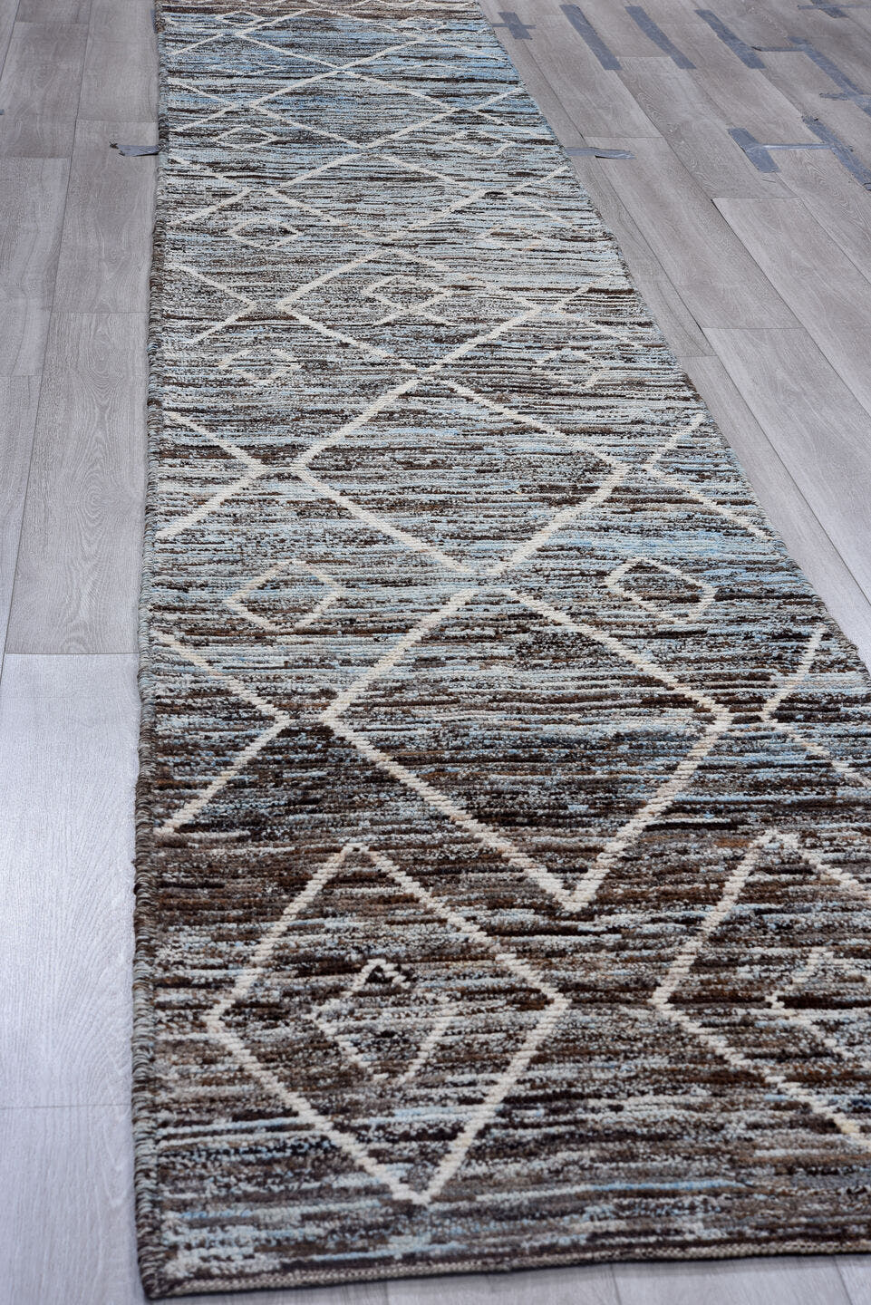 2' x 15' one-of-a-kind handmade vintage Tulu runner rug. Color palette: gray, charcoal, ivory, slate, sky blue, taupe, black
