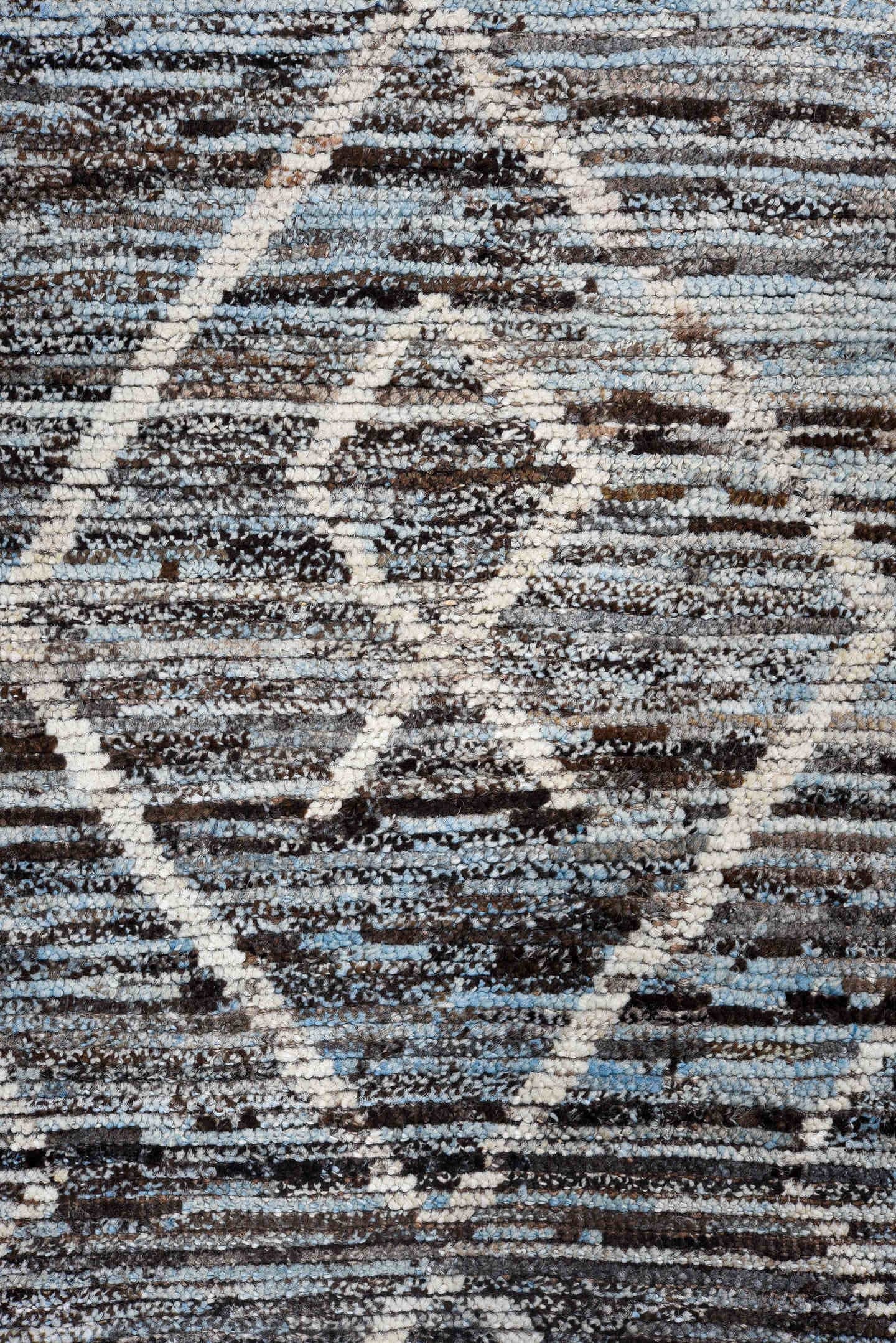 2' x 15' one-of-a-kind handmade vintage Tulu runner rug. Color palette: gray, charcoal, ivory, slate, sky blue, taupe, black