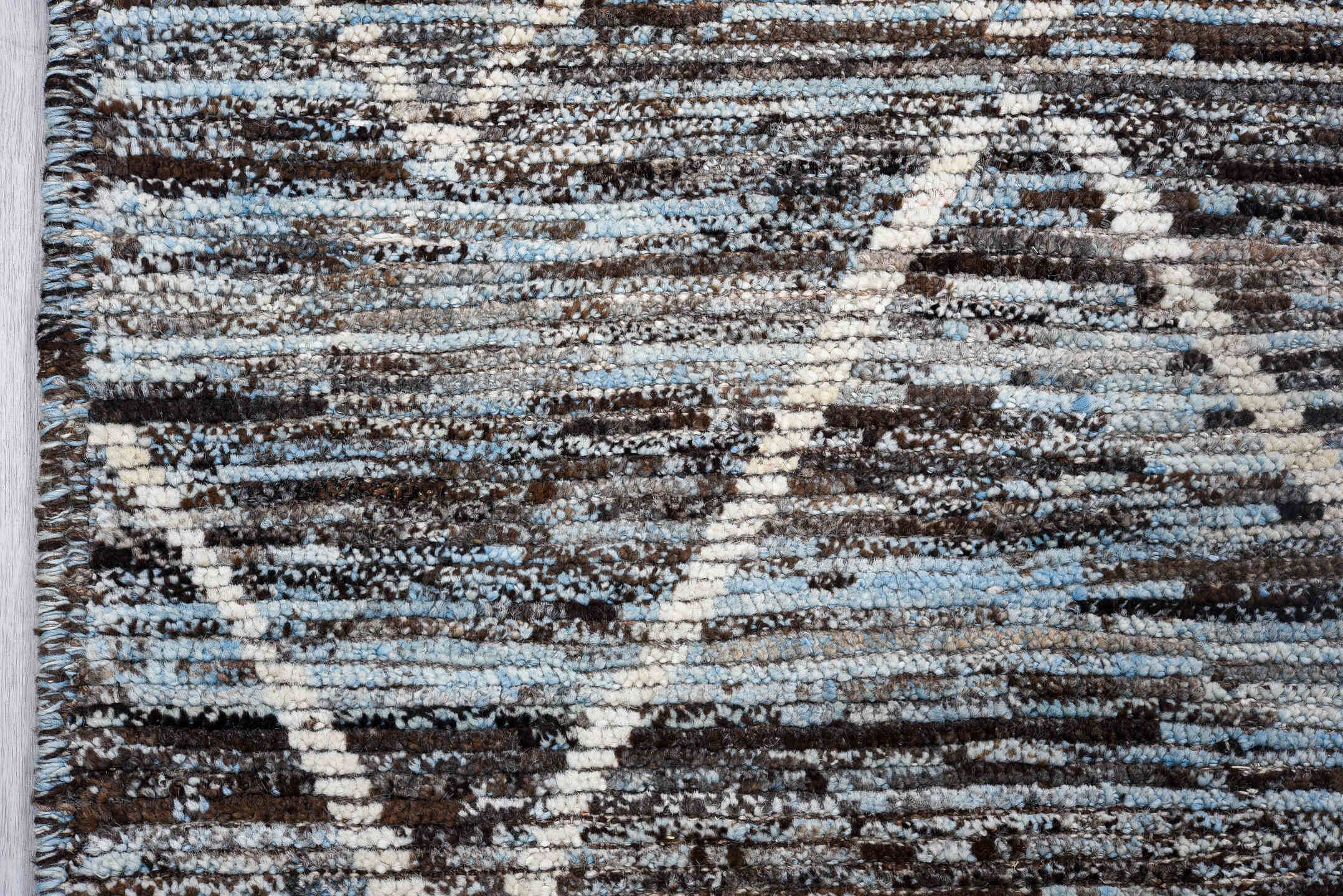 2' x 15' one-of-a-kind handmade vintage Tulu runner rug. Color palette: gray, charcoal, ivory, slate, sky blue, taupe, black