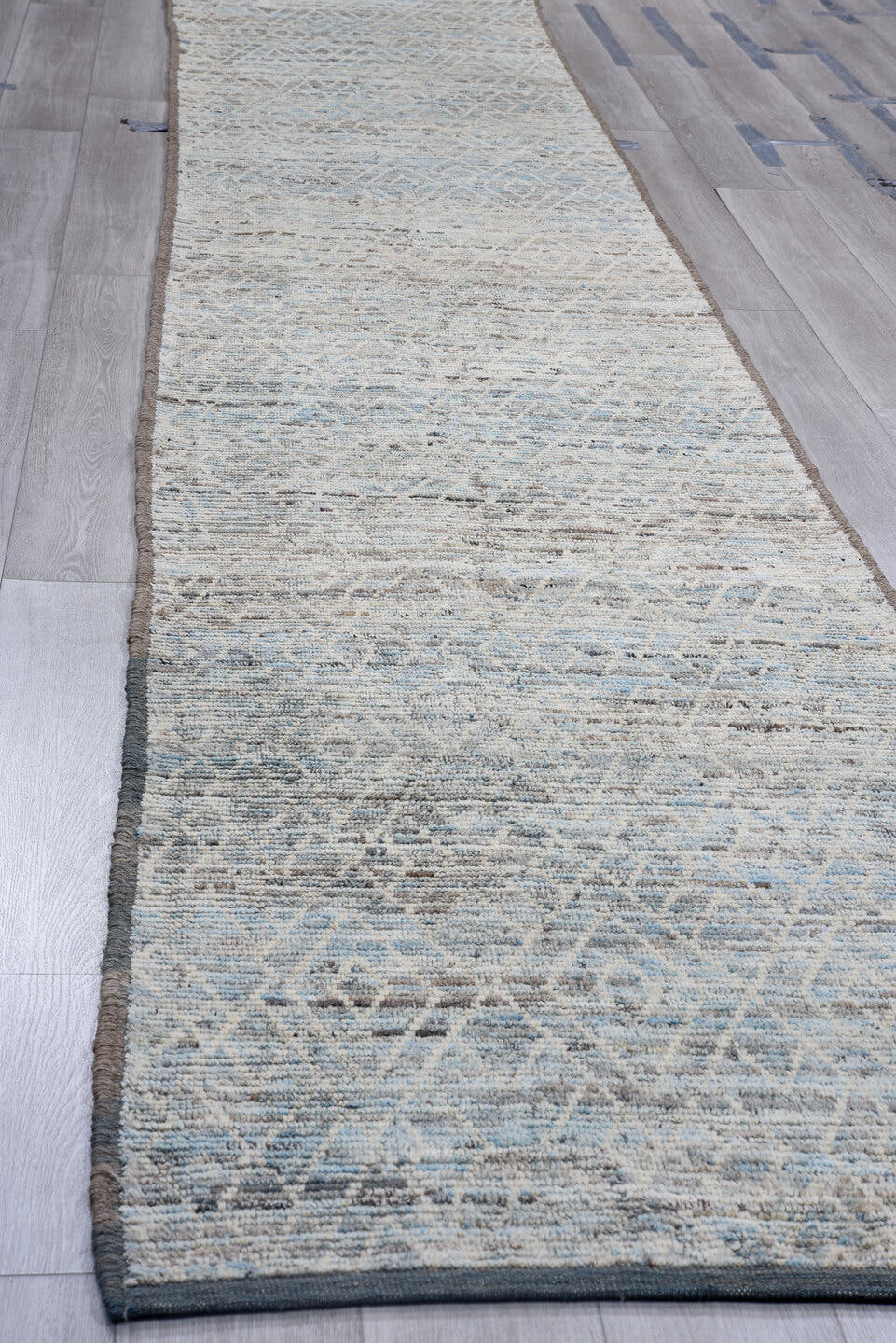 3' x 16' one-of-a-kind handmade vintage Tulu runner rug. Color palette: gray, blue, ivory, charcoal, black