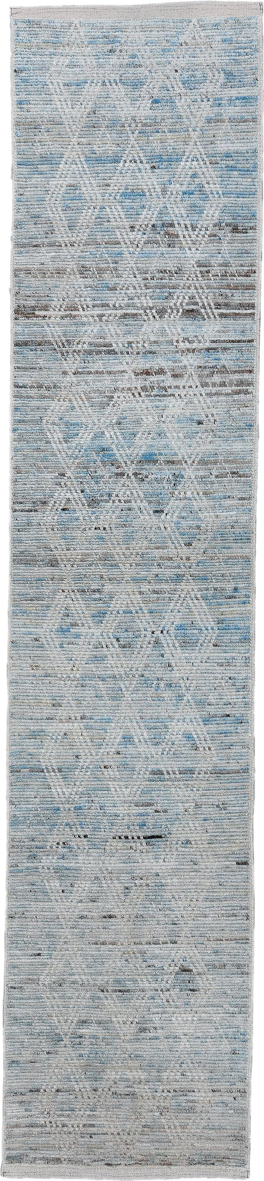 2' x 13' one-of-a-kind handmade vintage Tulu runner rug. Color palette: light blue, ivory, gray, charcoal, taupe, black