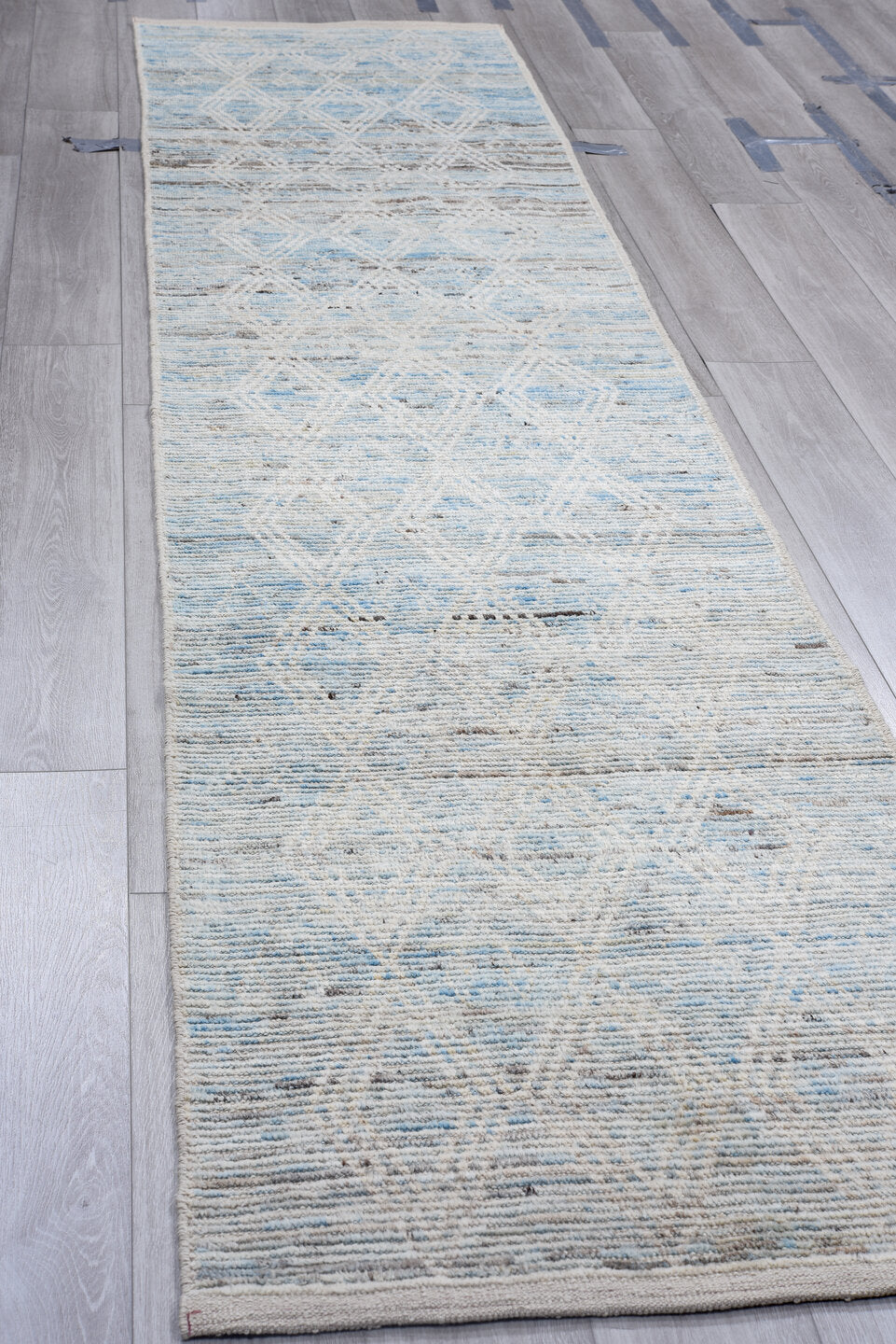 2' x 13' one-of-a-kind handmade vintage Tulu runner rug. Color palette: light blue, ivory, gray, charcoal, taupe, black