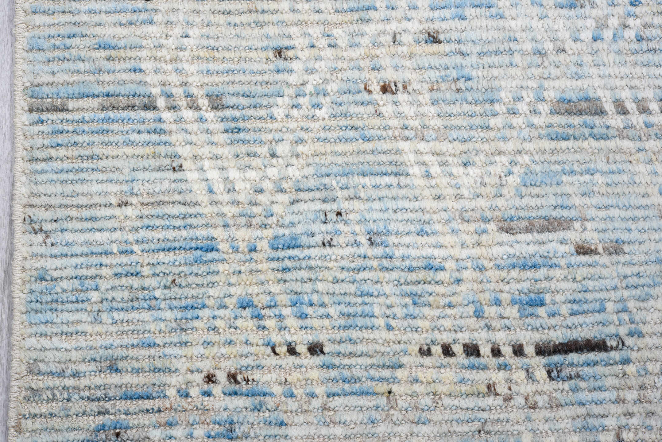 2' x 13' one-of-a-kind handmade vintage Tulu runner rug. Color palette: light blue, ivory, gray, charcoal, taupe, black