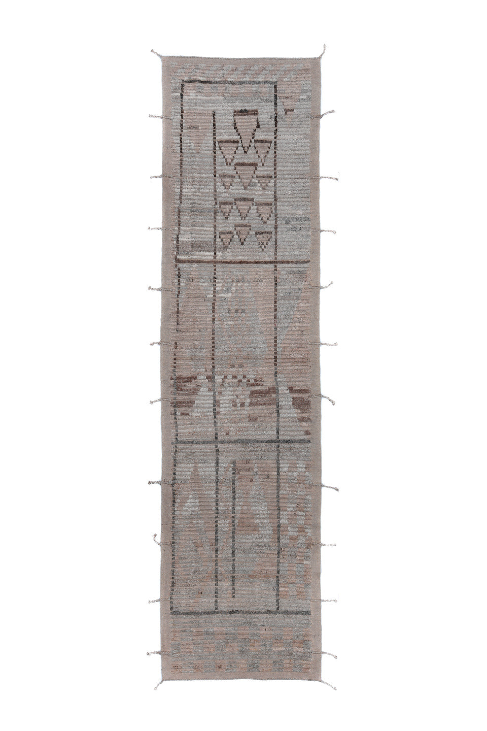 3' x 12' one-of-a-kind handmade vintage Tulu runner rug. Color palette: black, dark gray, gray, light gray, off-white, pink