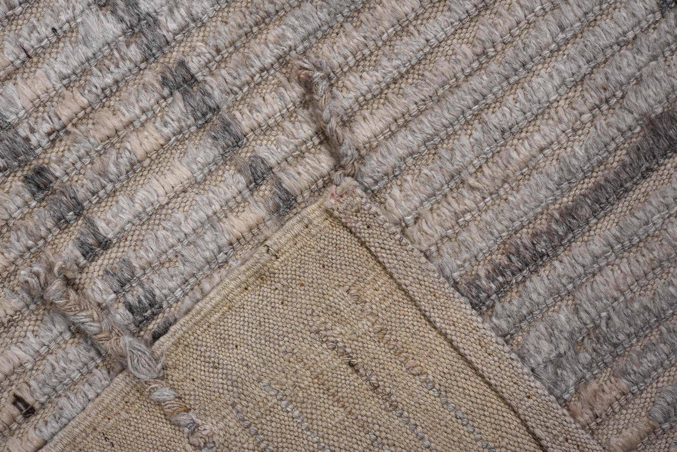 3' x 12' one-of-a-kind handmade vintage Tulu runner rug. Color palette: taupe, ivory, brown, gray, camel, beige