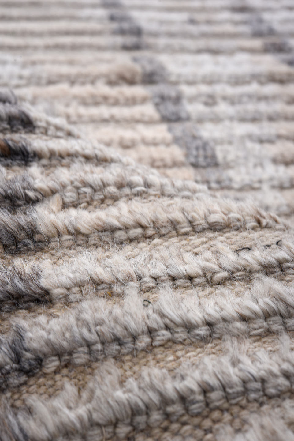 3' x 12' one-of-a-kind handmade vintage Tulu runner rug. Color palette: taupe, ivory, brown, gray, camel, beige