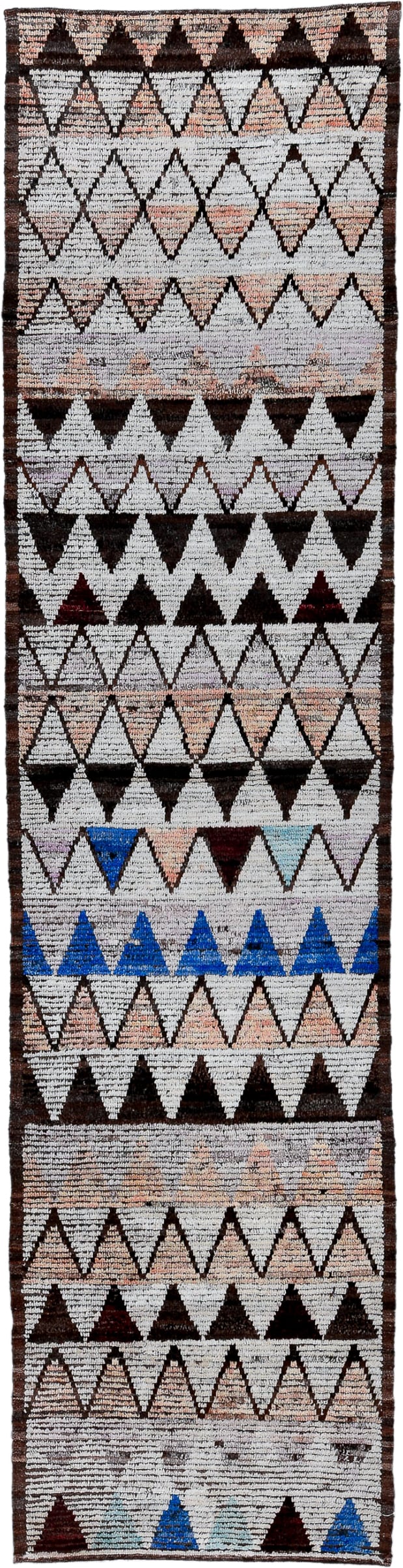 3' x 12' one-of-a-kind handmade vintage Tulu runner rug. Color palette: ivory, brown, charcoal, blush, cobalt, burgundy