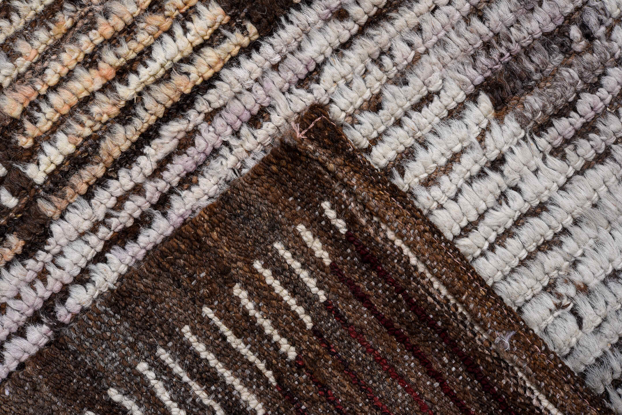 3' x 12' one-of-a-kind handmade vintage Tulu runner rug. Color palette: ivory, brown, charcoal, blush, cobalt, burgundy