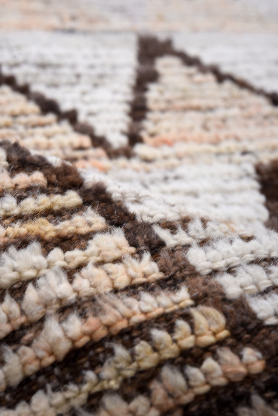 3' x 12' one-of-a-kind handmade vintage Tulu runner rug. Color palette: ivory, brown, charcoal, blush, cobalt, burgundy
