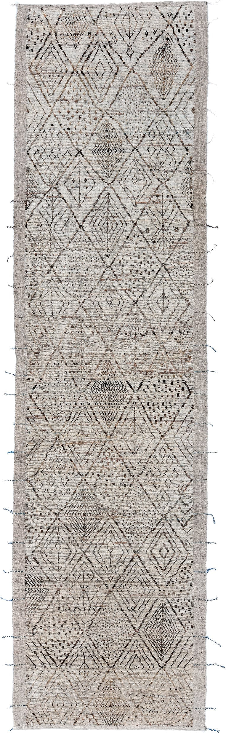 4' x 16' one-of-a-kind handmade vintage Tulu runner rug. Color palette: ivory, taupe, charcoal, brown, slate, beige, gray