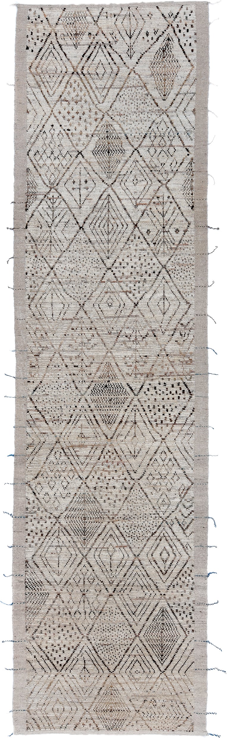 4' x 16' one-of-a-kind handmade vintage Tulu runner rug. Color palette: ivory, taupe, charcoal, brown, slate, beige, gray