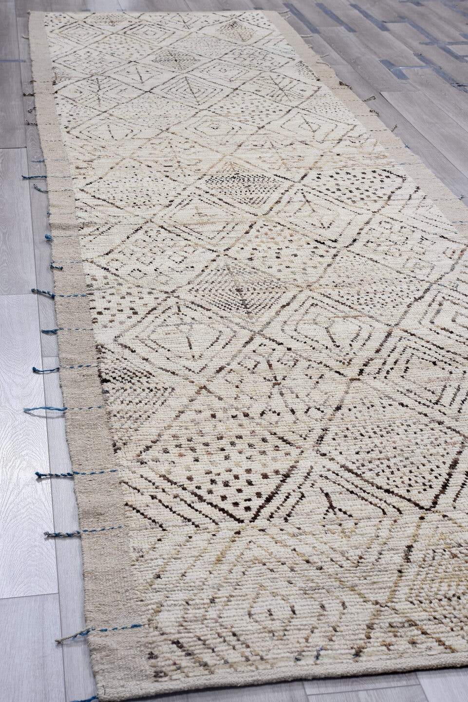 4' x 16' one-of-a-kind handmade vintage Tulu runner rug. Color palette: ivory, taupe, charcoal, brown, slate, beige, gray