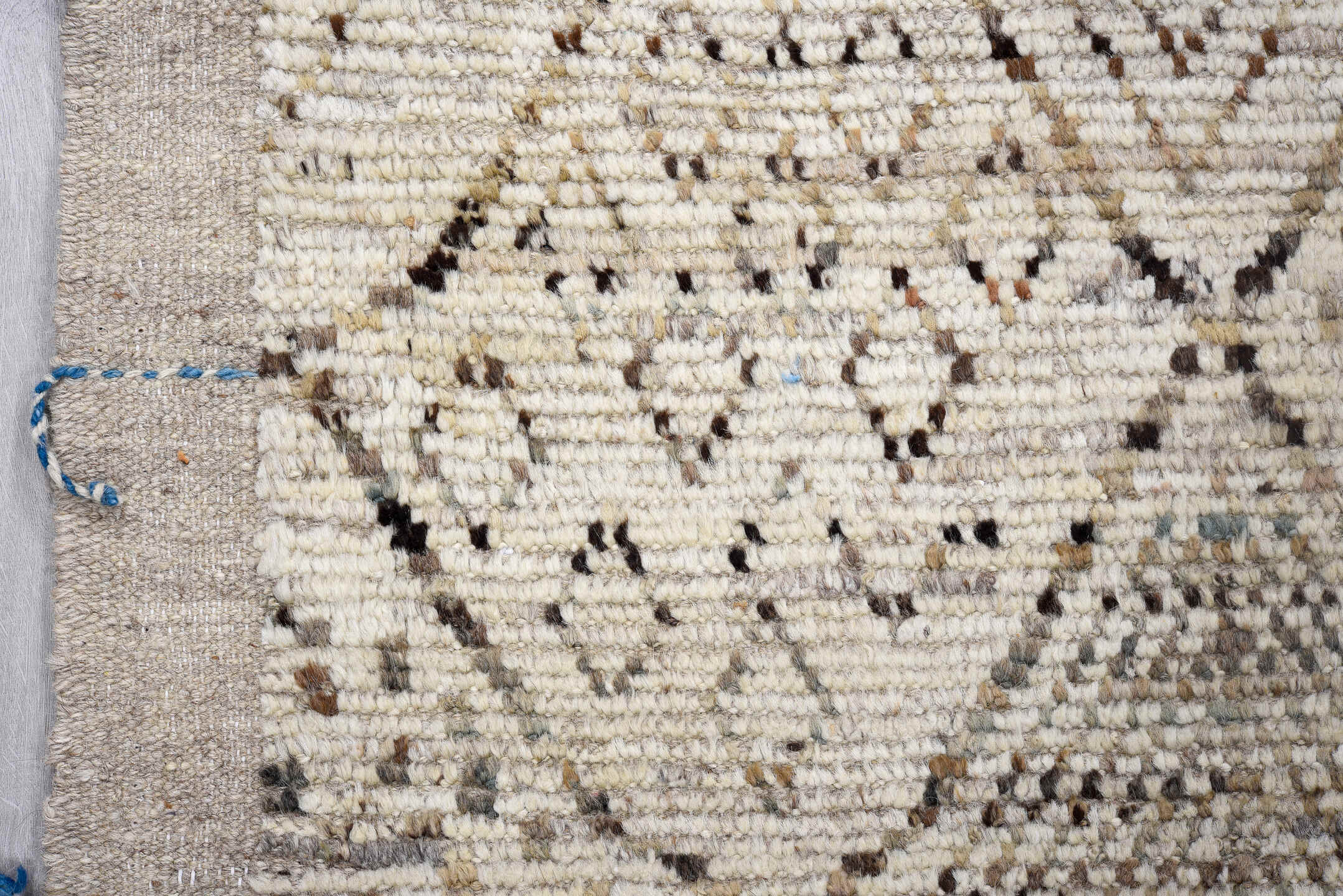 4' x 16' one-of-a-kind handmade vintage Tulu runner rug. Color palette: ivory, taupe, charcoal, brown, slate, beige, gray