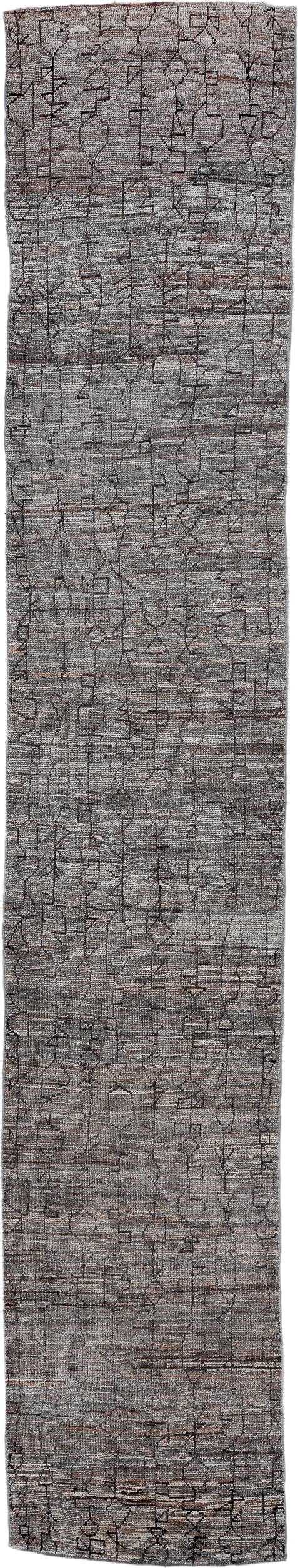 3' x 19' one-of-a-kind handmade vintage Tulu runner rug. Color palette: gray, charcoal, taupe, rose, black, beige, pink, red