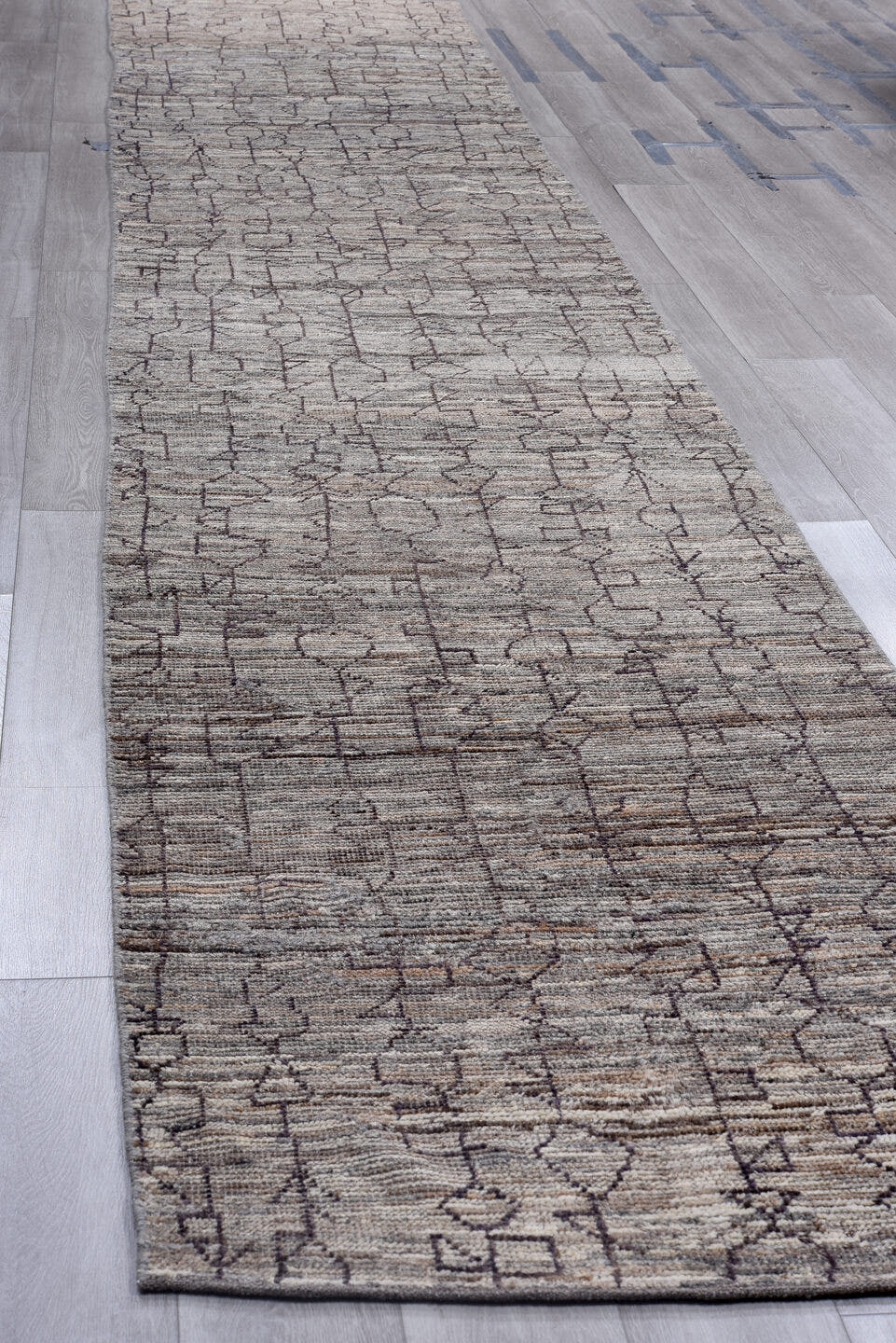 3' x 19' one-of-a-kind handmade vintage Tulu runner rug. Color palette: gray, charcoal, taupe, rose, black, beige, pink, red