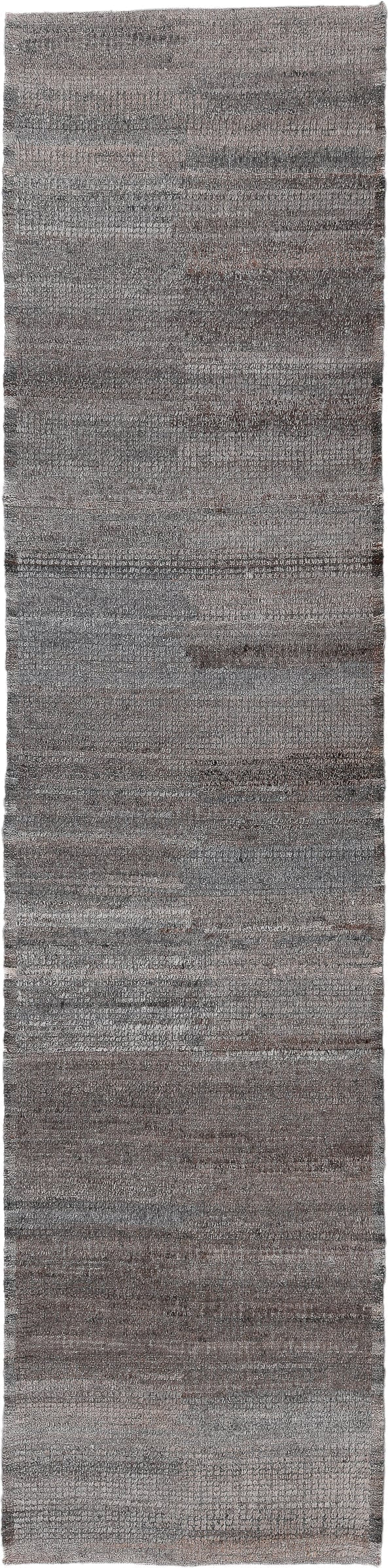 3' x 12' one-of-a-kind handmade vintage Tulu runner rug. Color palette: gray, taupe, charcoal, ivory, beige, black