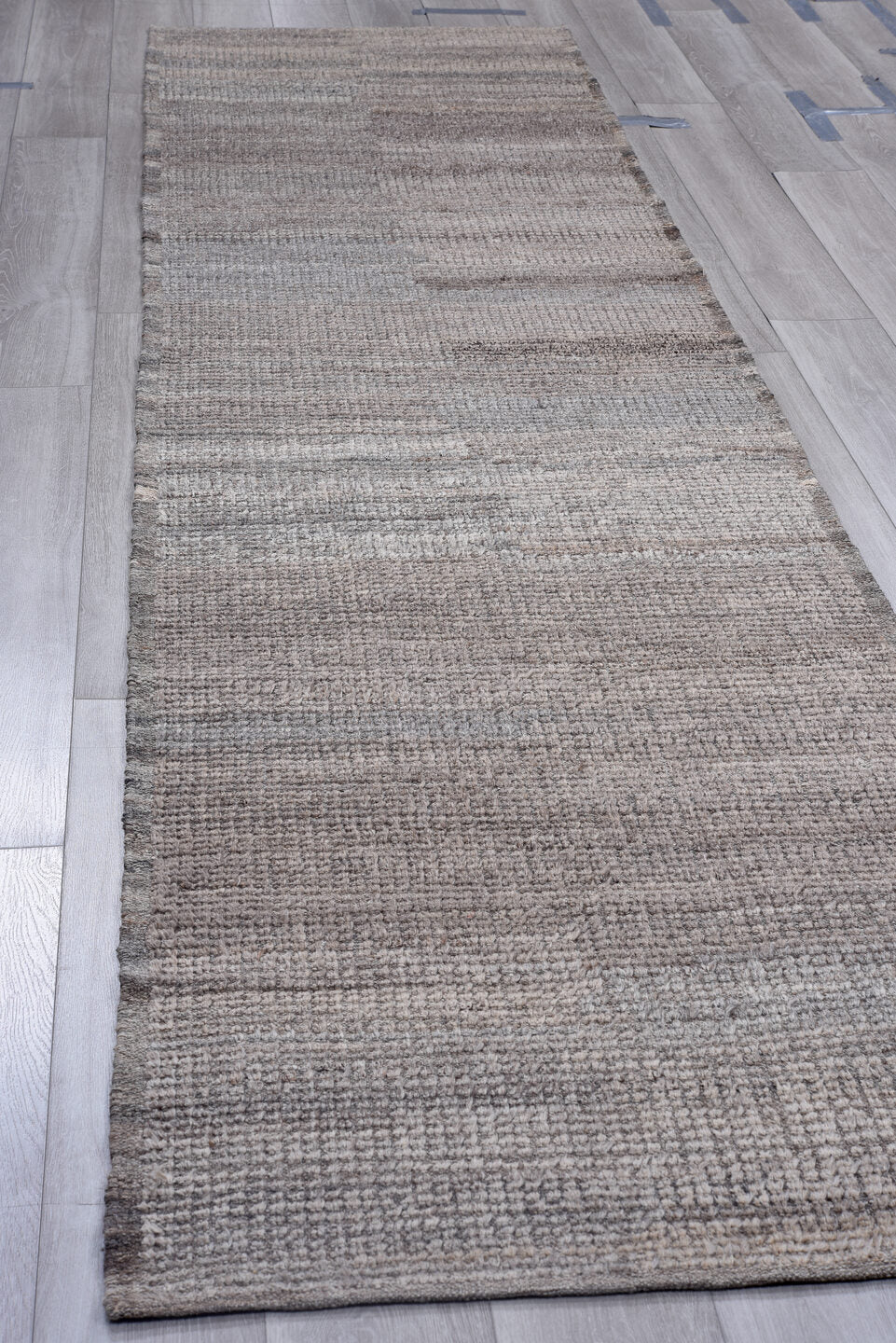 3' x 12' one-of-a-kind handmade vintage Tulu runner rug. Color palette: gray, taupe, charcoal, ivory, beige, black