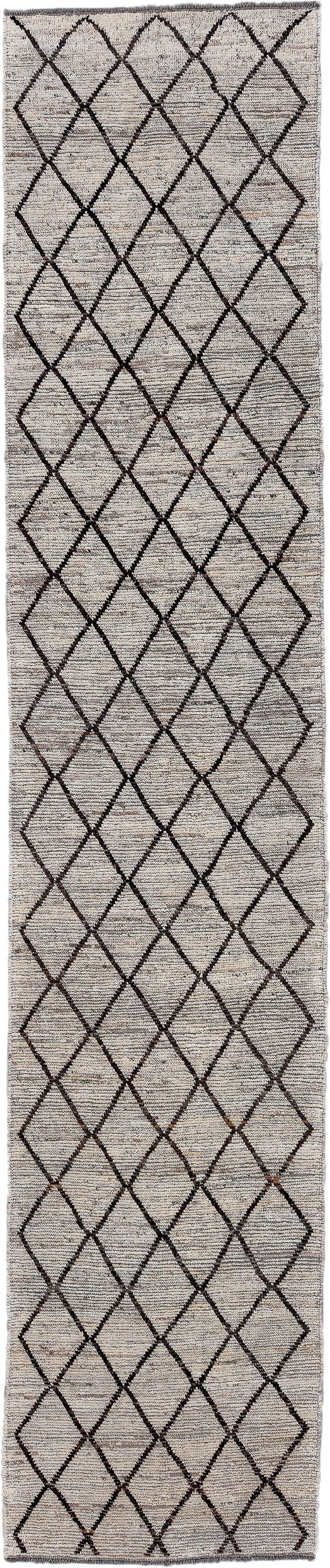 3' x 15' one-of-a-kind handmade vintage Tulu runner rug. Color palette: ivory, charcoal, taupe, brown, gray, black, beige