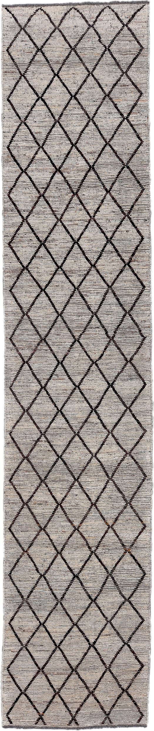 3' x 15' one-of-a-kind handmade vintage Tulu runner rug. Color palette: ivory, charcoal, taupe, brown, gray, black, beige